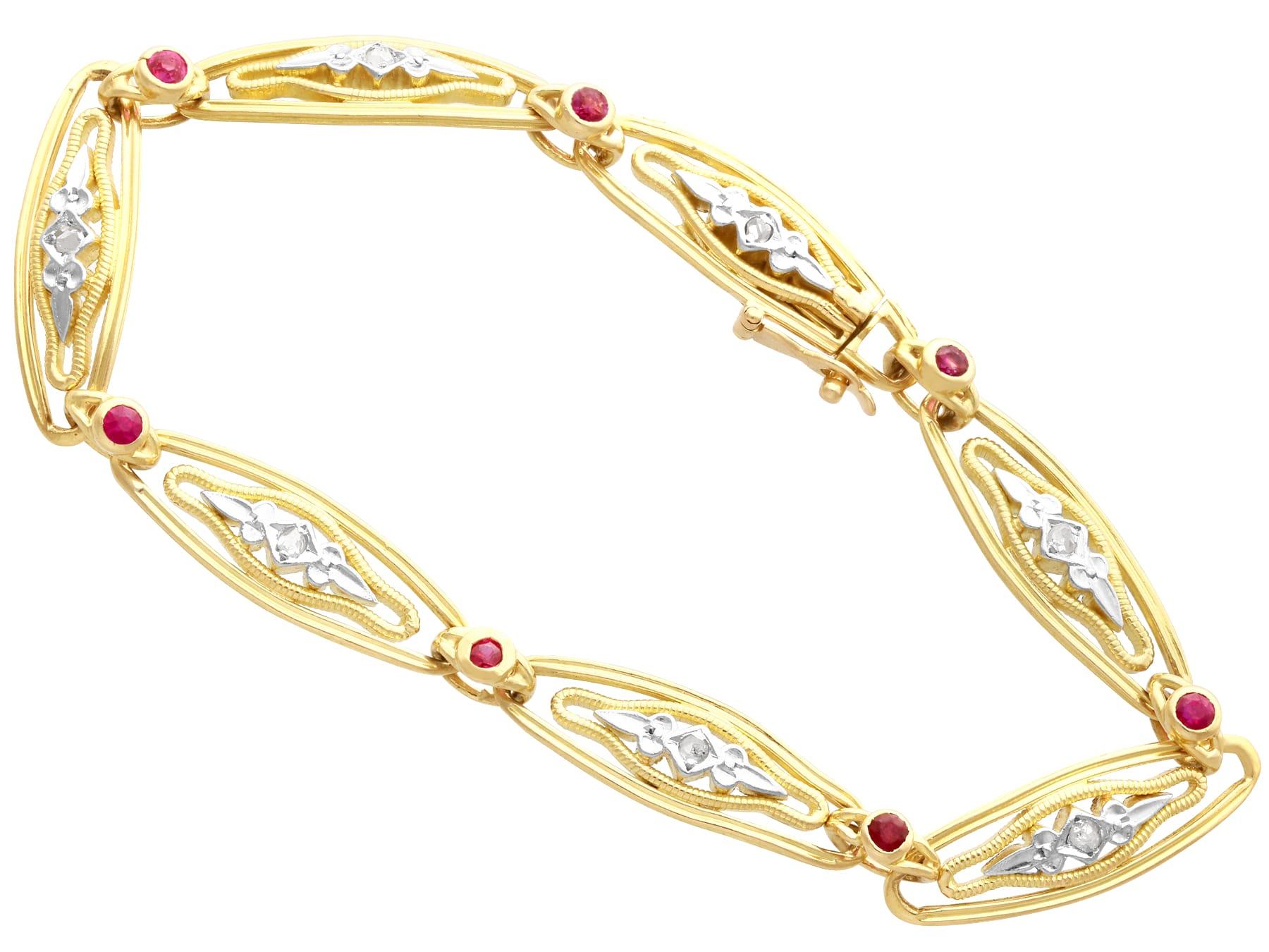 Round Cut 1950s Vintage French Ruby and Diamond Gold Bracelet For Sale
