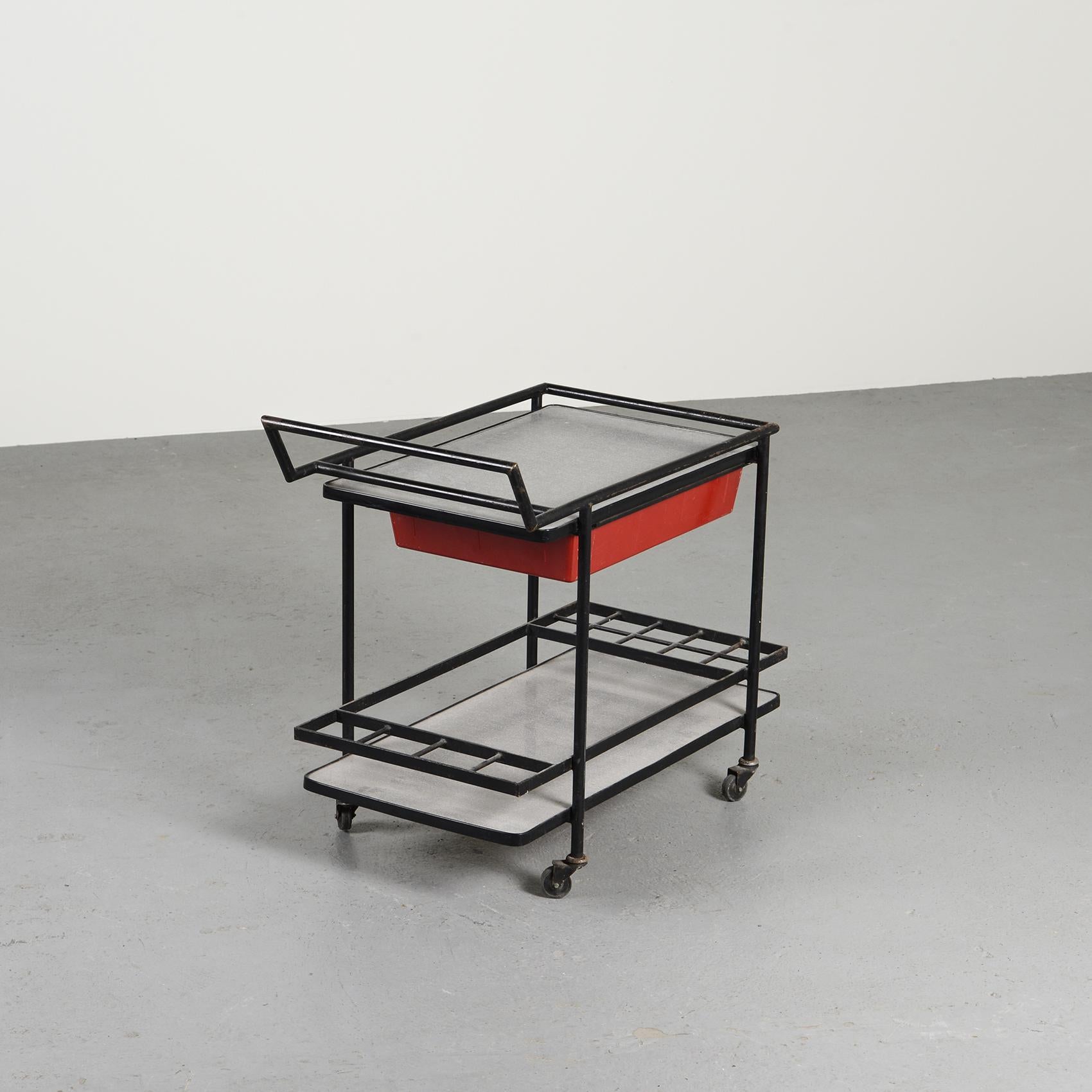 Mid-20th Century 1950s Vintage French Trolley in Black Laquered Metal For Sale