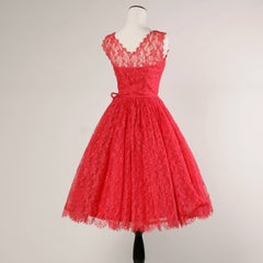 1950s Vintage Fuchsia Barbie Pink Scalloped Lace Cocktail Dress