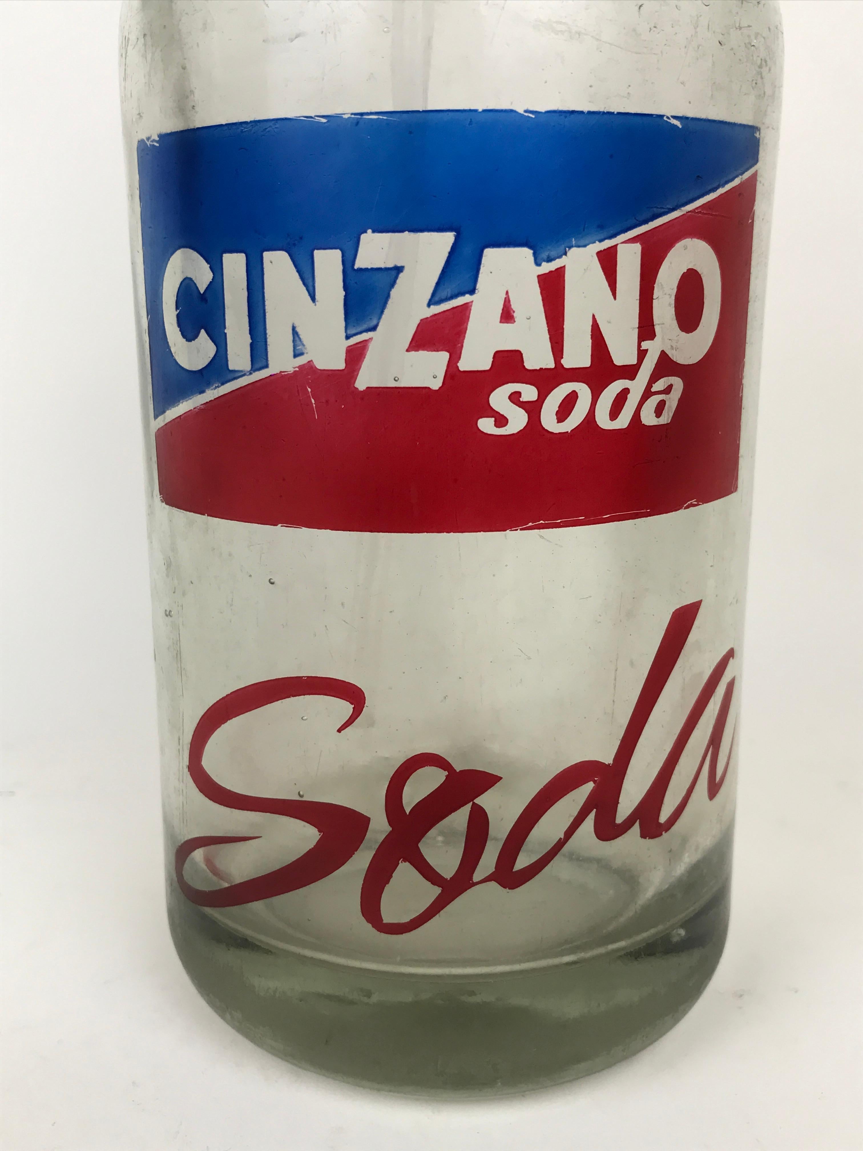 Mid-Century Modern 1950s Vintage Glass Italian Advertising Syphon Seltzer Cinzano Soda Bar Bottle For Sale