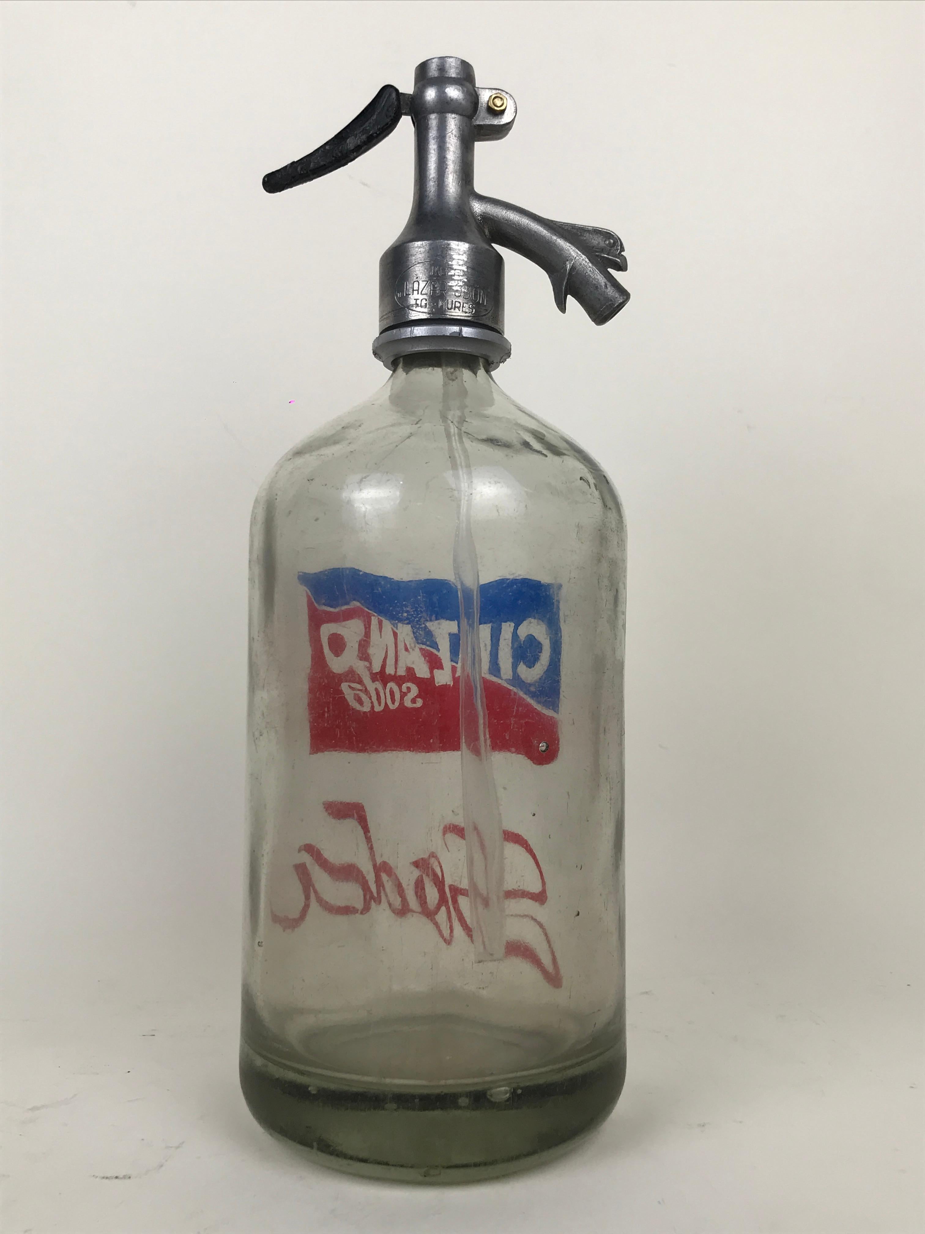 Mid-20th Century 1950s Vintage Glass Italian Advertising Syphon Seltzer Cinzano Soda Bar Bottle For Sale