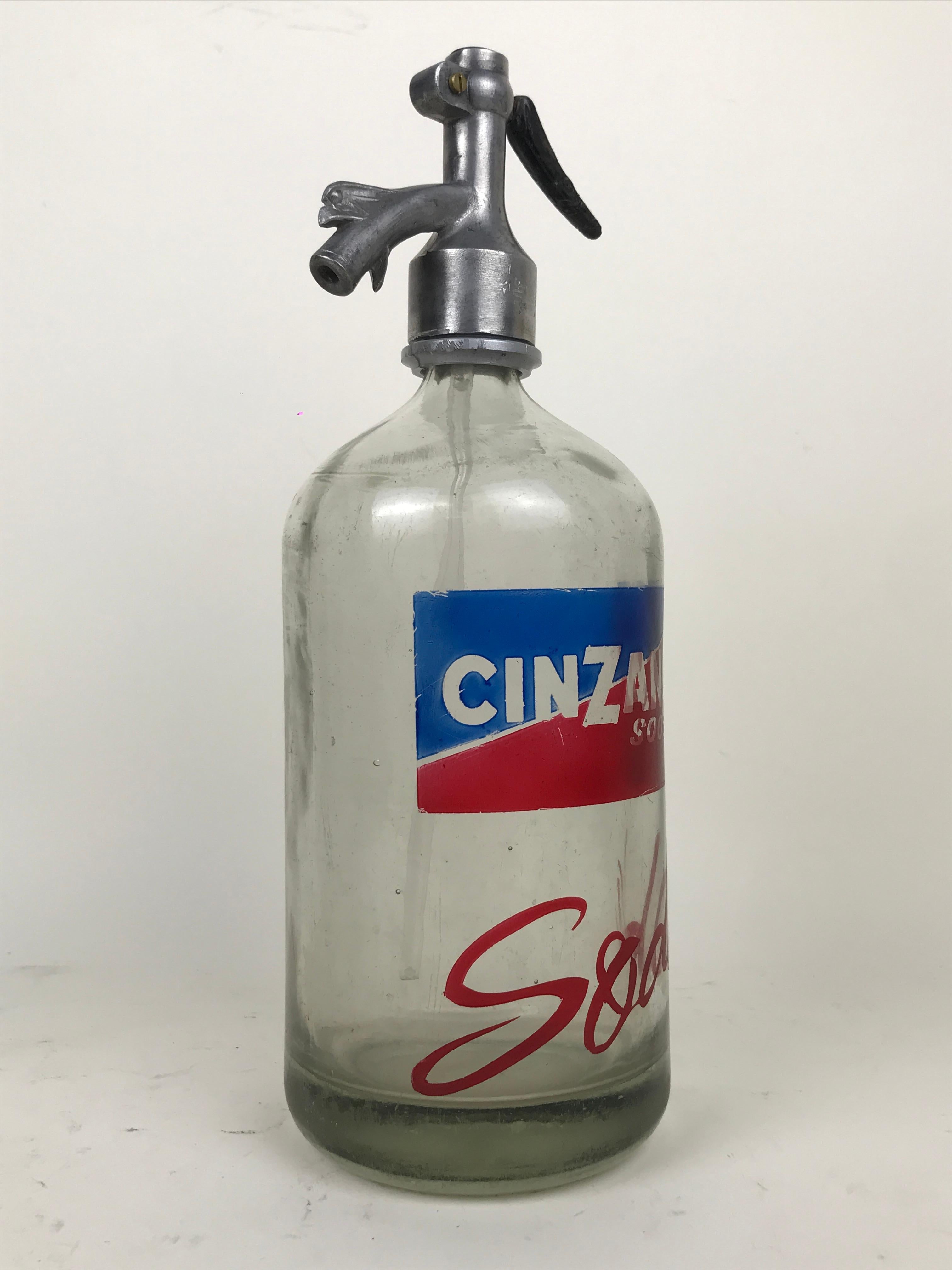 Metal 1950s Vintage Glass Italian Advertising Syphon Seltzer Cinzano Soda Bar Bottle For Sale