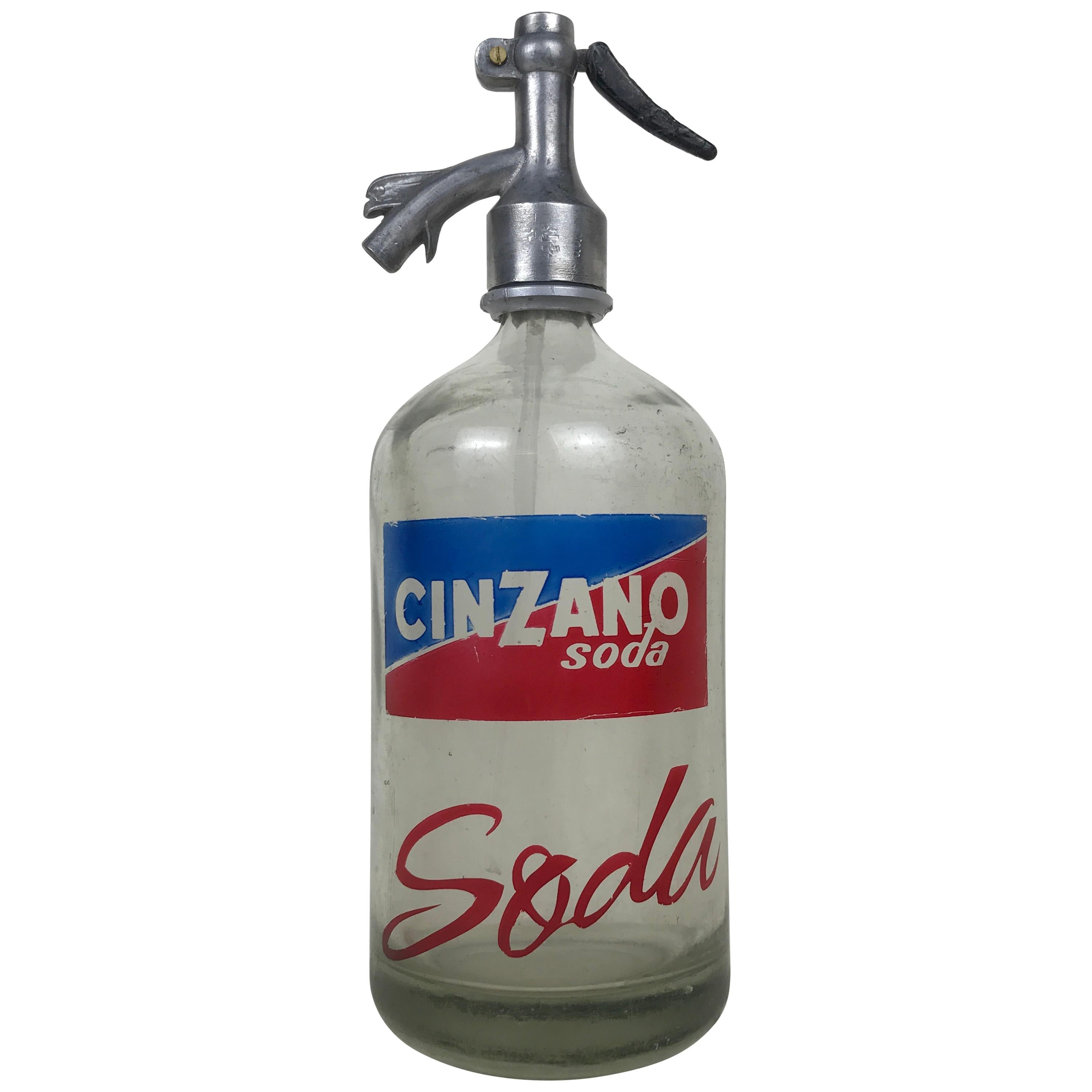 1950s Vintage Glass Italian Advertising Syphon Seltzer Cinzano Soda Bar Bottle For Sale