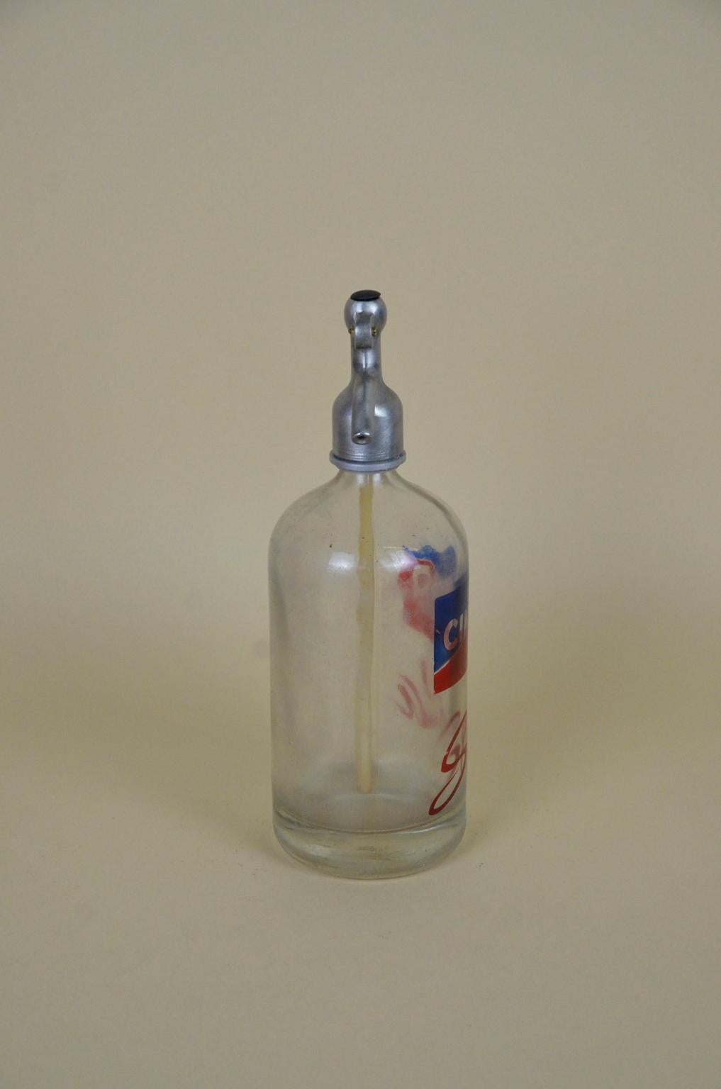 Metal 1950s Vintage Glass Italian Soda Syphon Seltzer Logo Cinzano Soda Bar Bottle