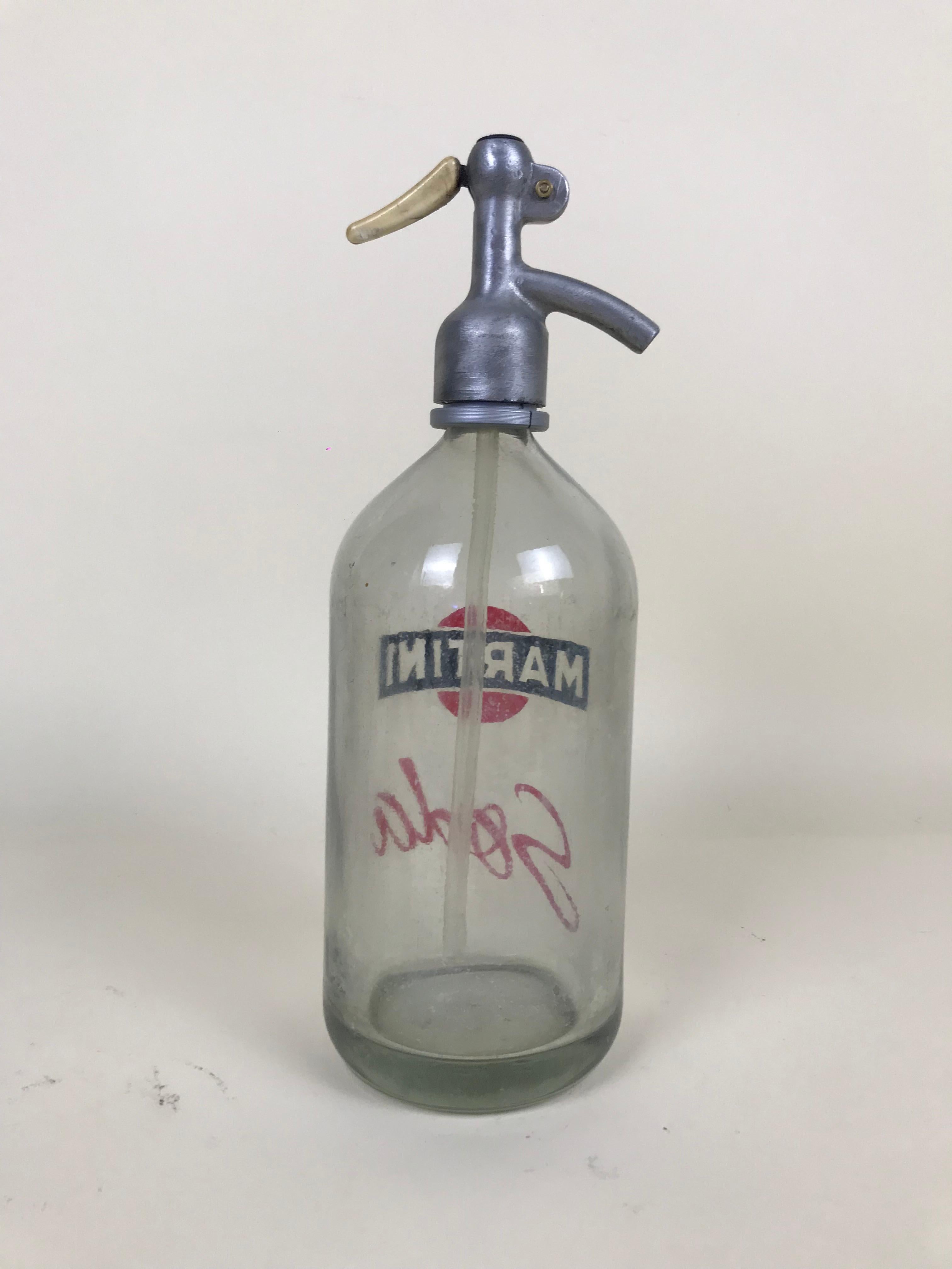 Mid-Century Modern 1950s Vintage Glass Italian Soda Syphon Seltzer Logo Martini Soda Bar Bottle