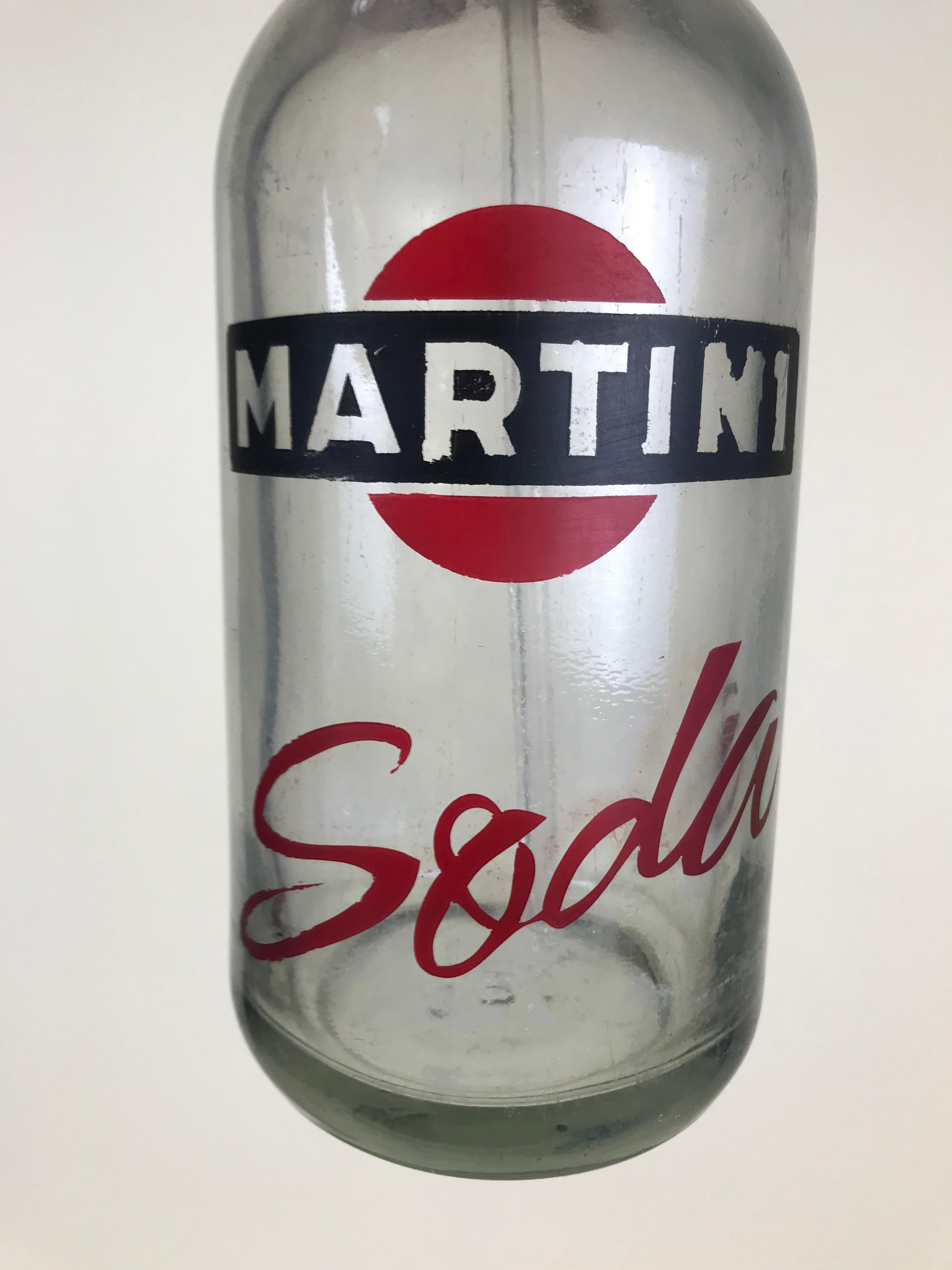 Mid-20th Century 1950s Vintage Glass Italian Soda Syphon Seltzer Logo Martini Soda Bar Bottle