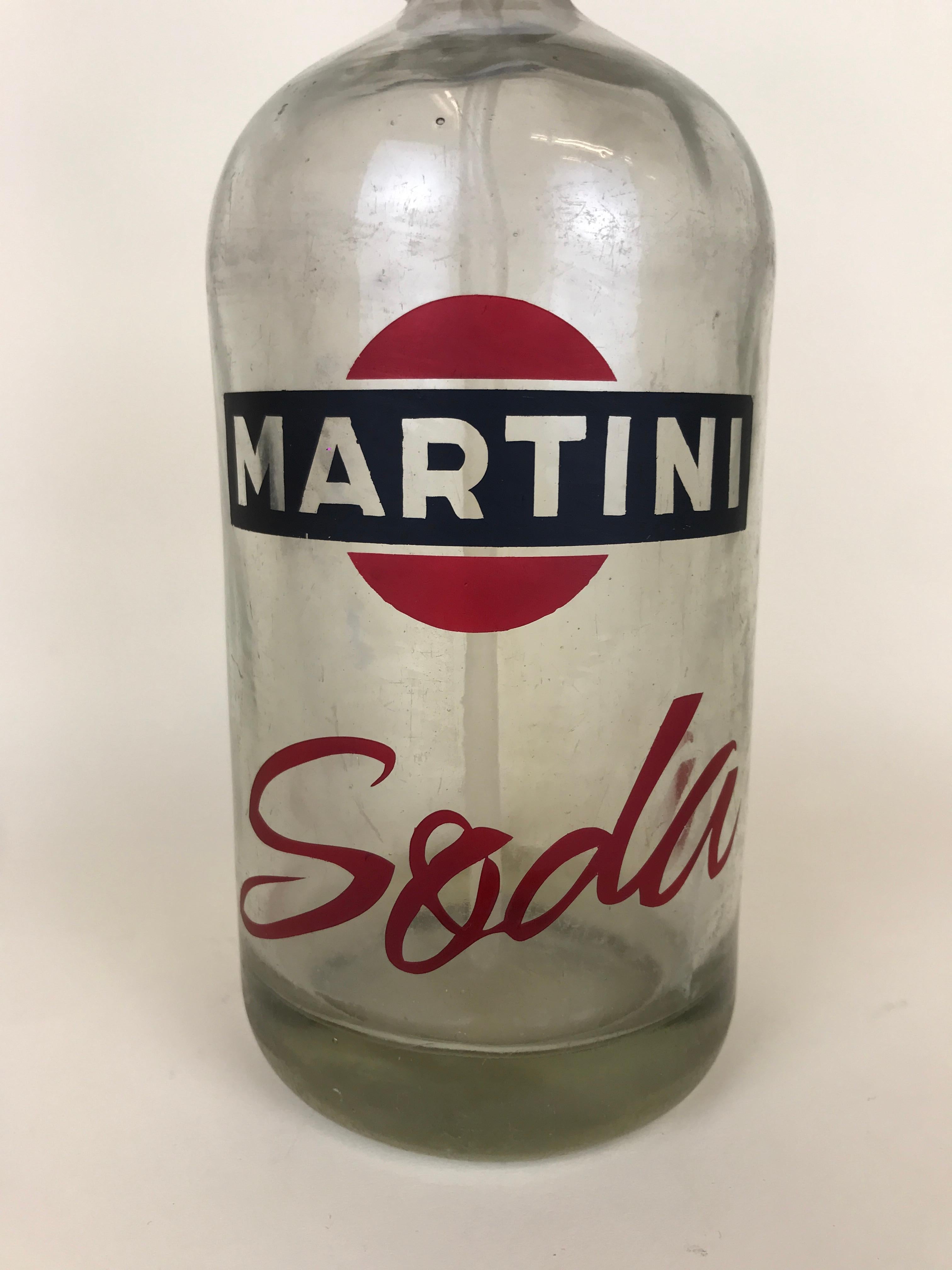 Mid-20th Century 1950s Vintage Glass Italian Soda Syphon Seltzer Logo Martini Soda Bar Bottle