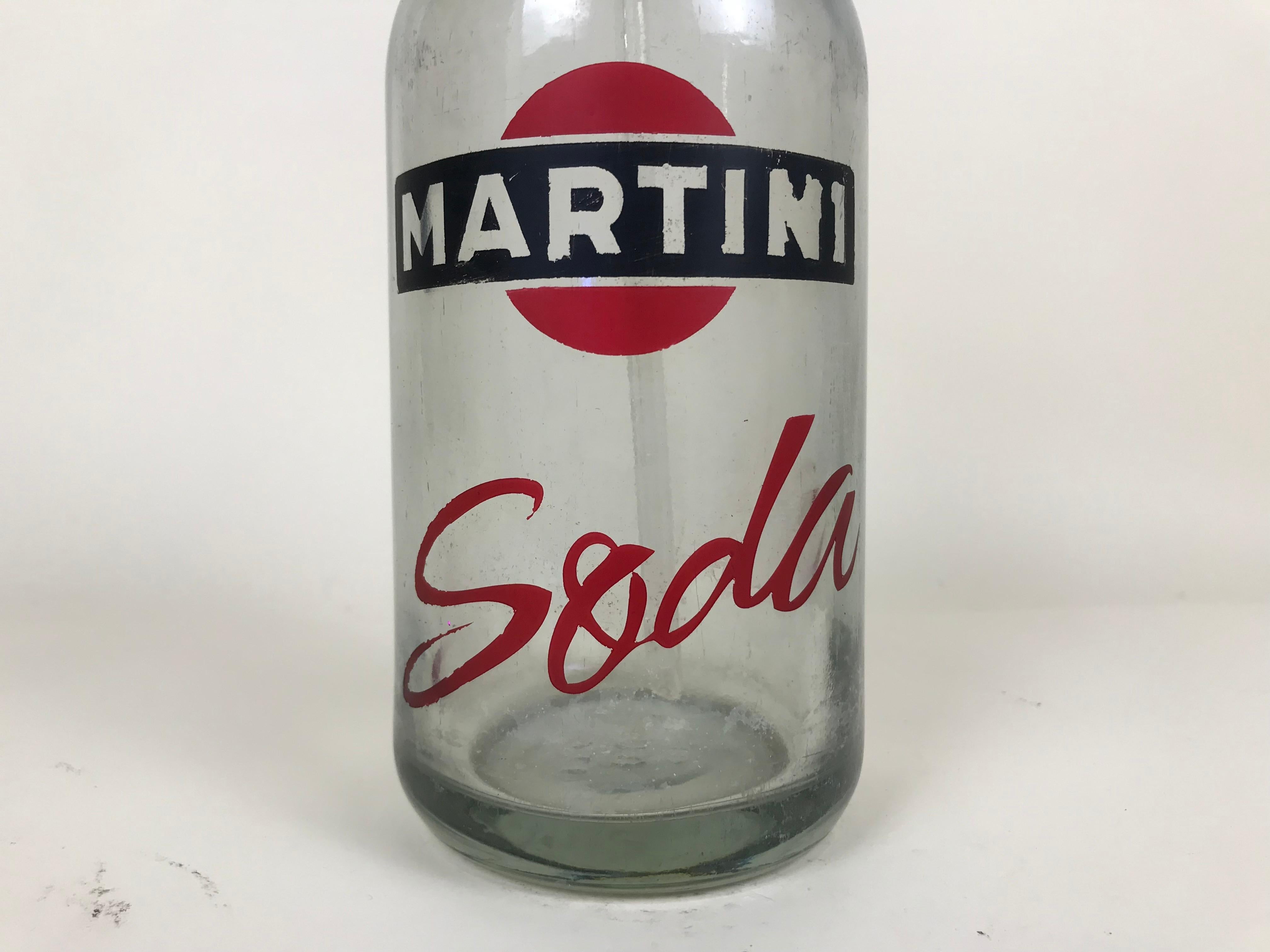 Metal 1950s Vintage Glass Italian Soda Syphon Seltzer Logo Martini Soda Bar Bottle