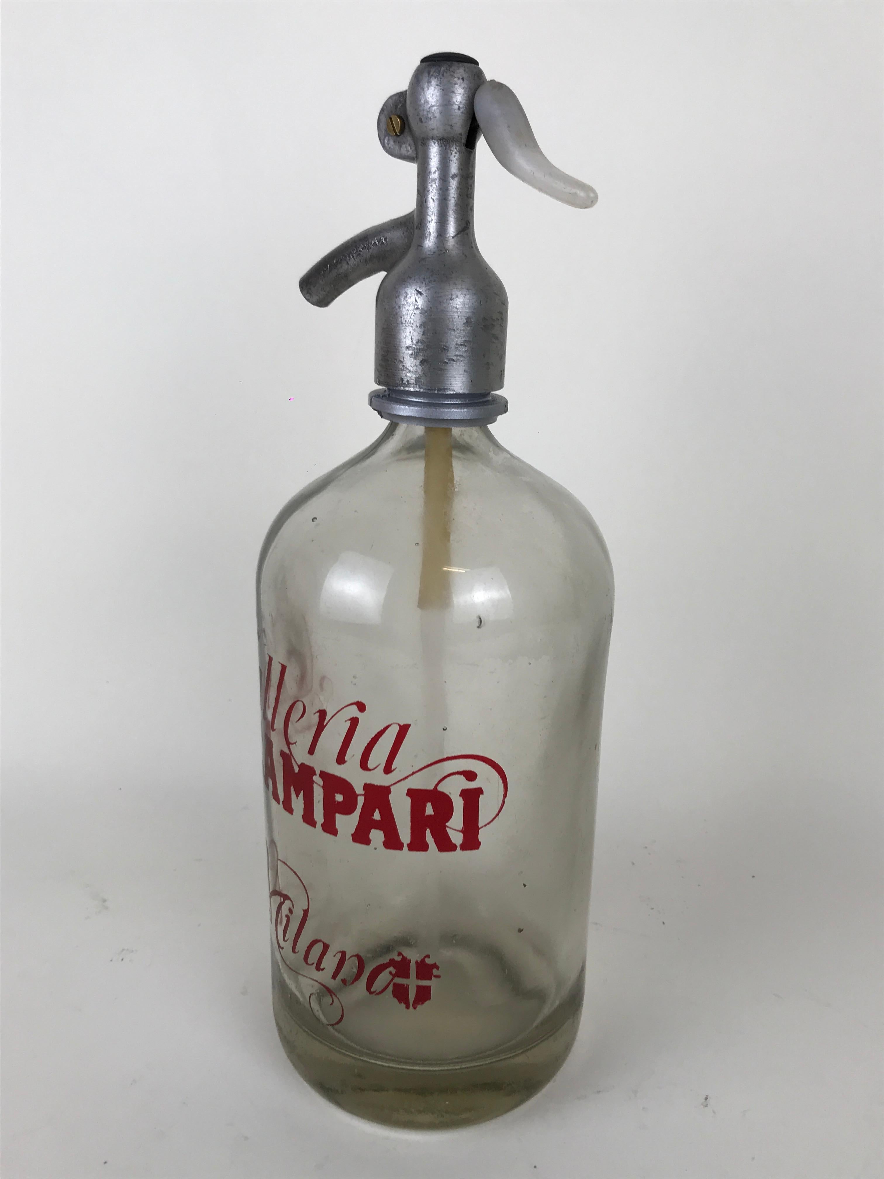 Metal 1950s Vintage Glass Soda Syphon Advertising Seltzer Galleria Campari Milano