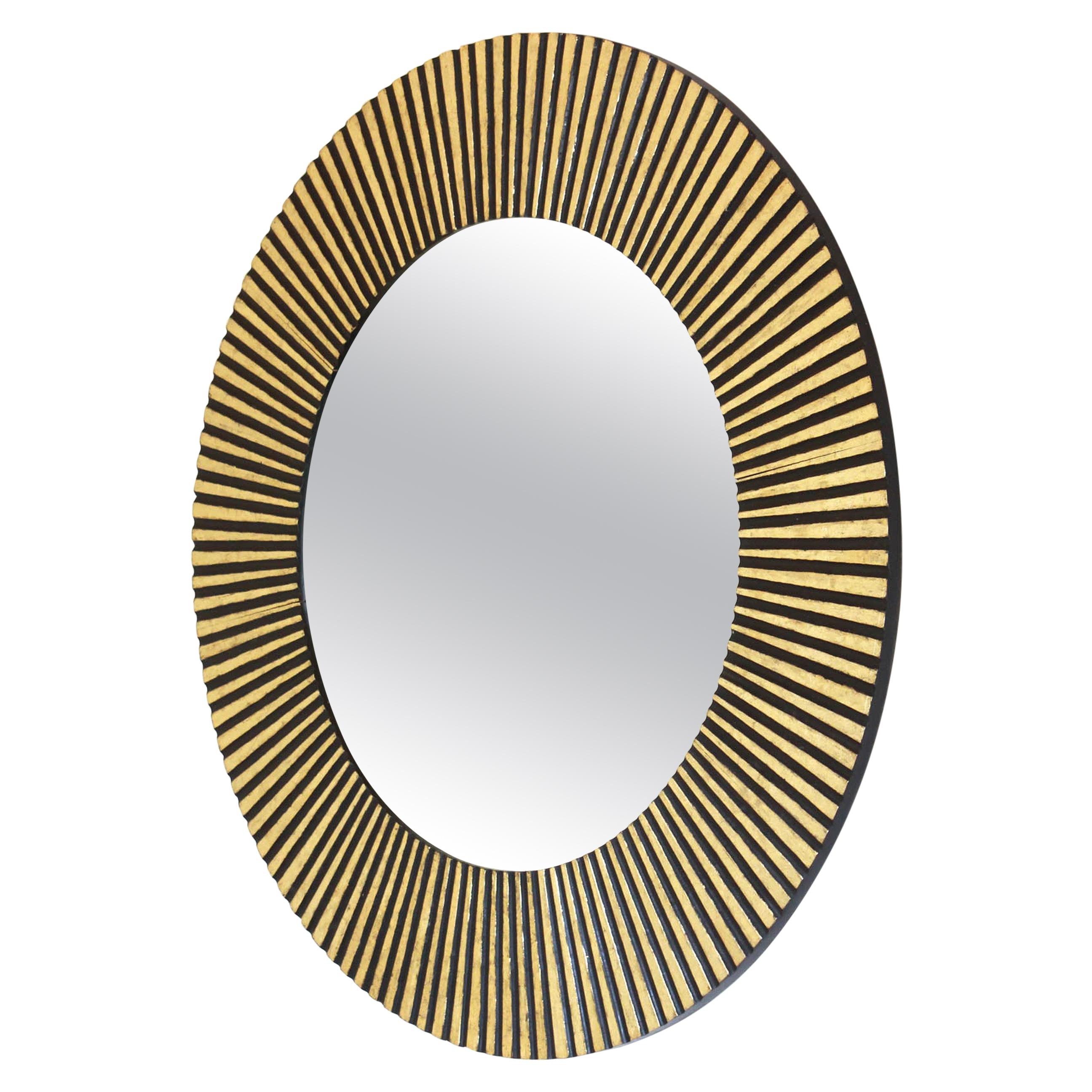 1950s Vintage Gold Leaf round Sunburst Mirror in Inlaid Solid Wood