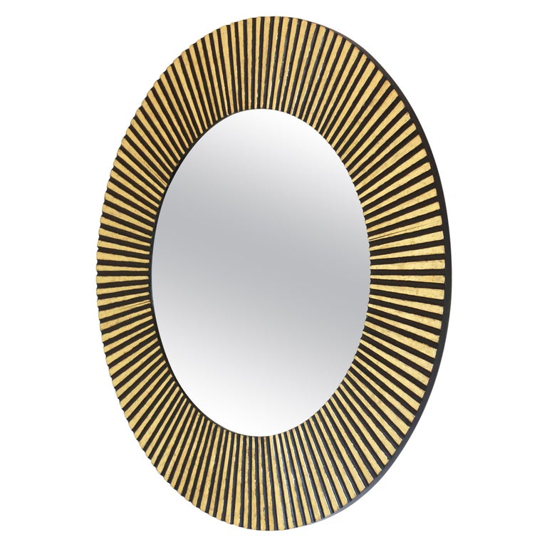 1950s Vintage Gold Leaf round Sunburst Mirror in Inlaid Solid Wood at