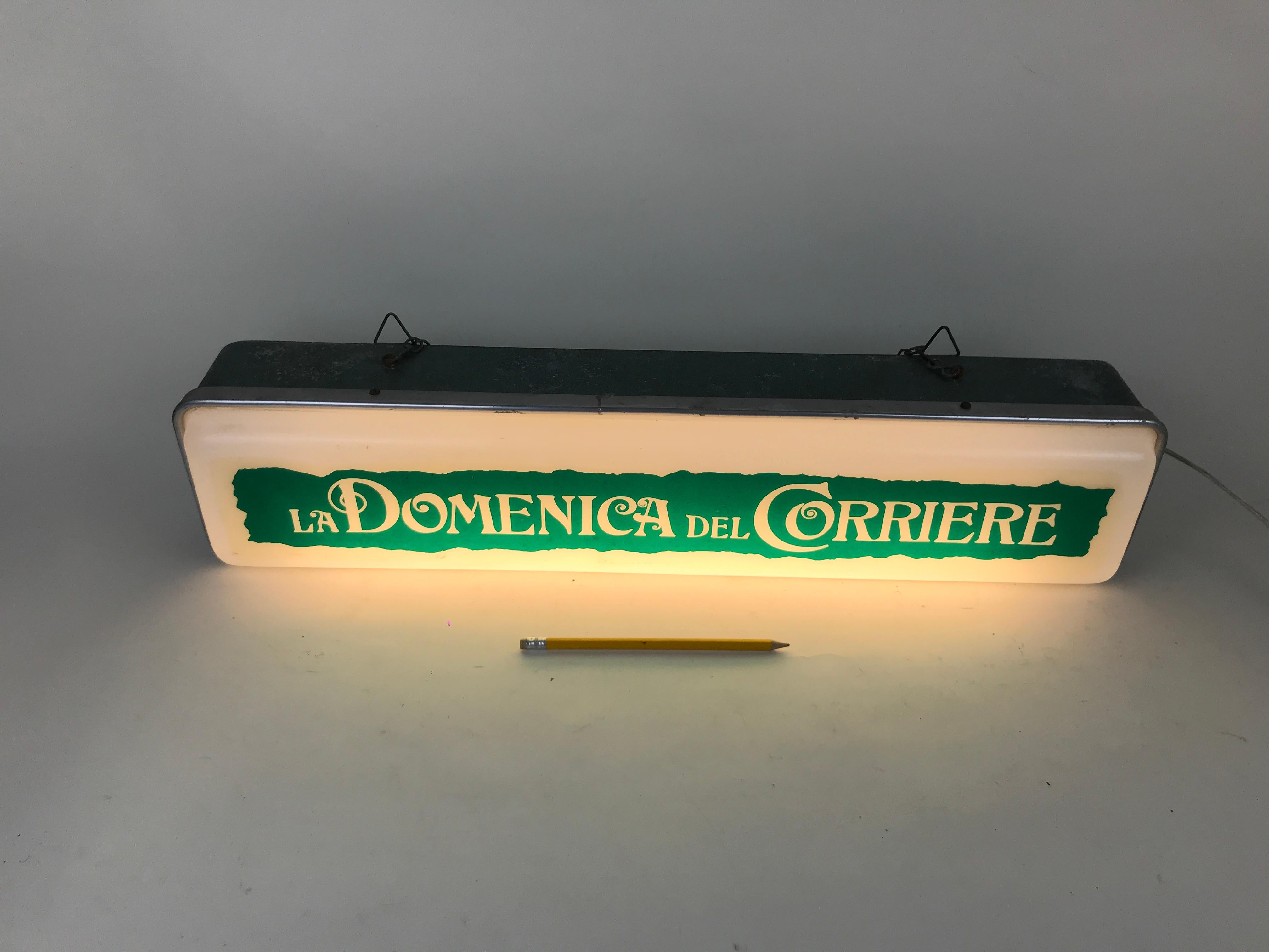 La Domenica del Corriere weekly newspaper illuminated advertising sign produced in Italy in the 1950s. 

This rare sign had been updated with new warm LED light. 
The plastic lid is rounded on the hedges.

Collector's note:

La Domenica del