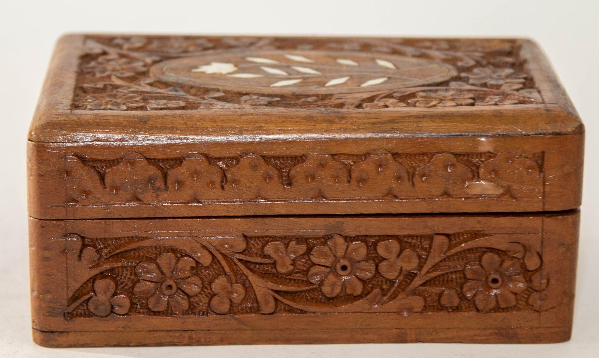 Folk Art 1950s Vintage Hand Carved Wooden Kashmiri Jewelry Box India