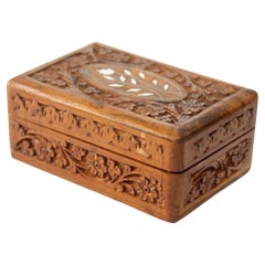 1950s Vintage Hand Carved Wooden Kashmiri Jewelry Box India