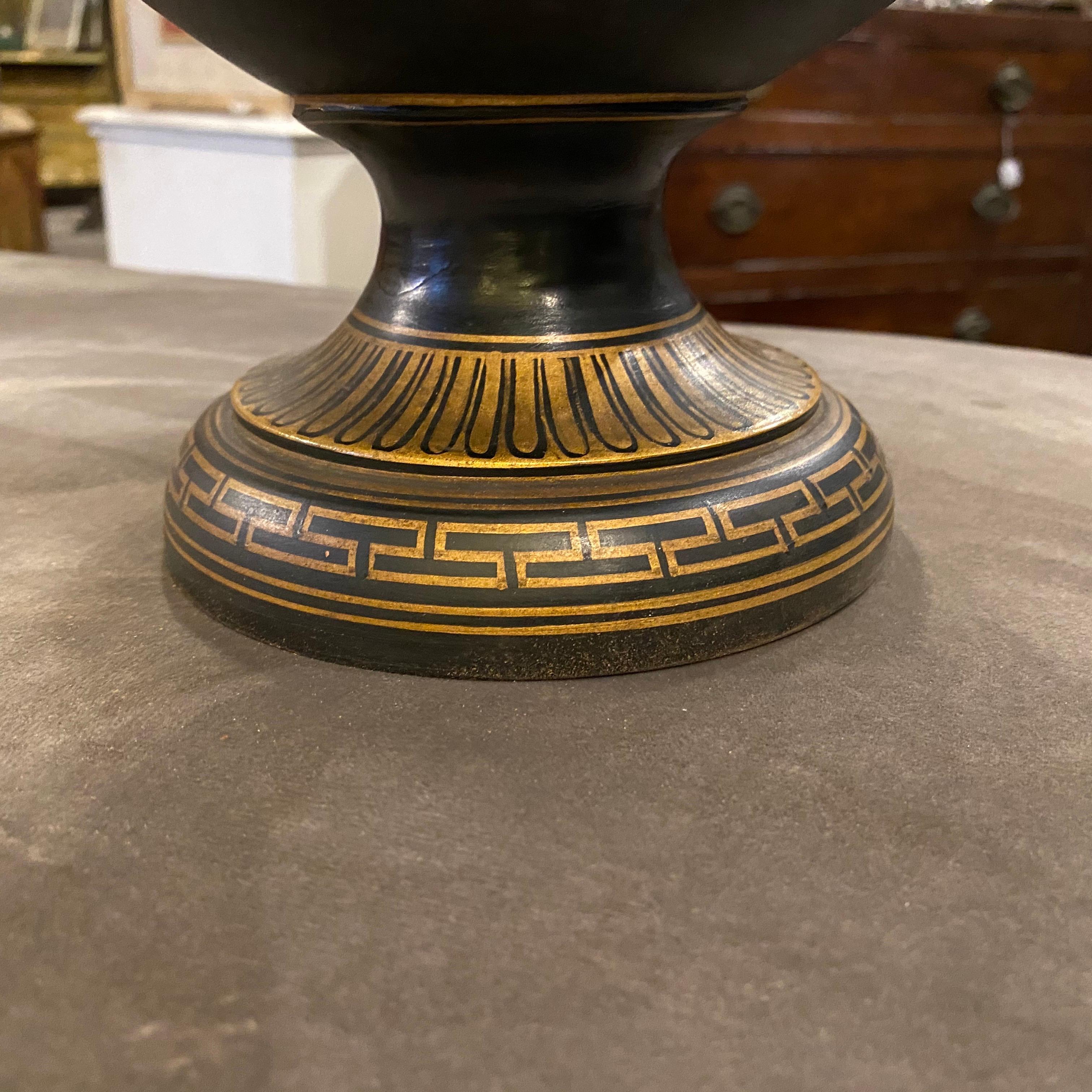Classical Greek 1950s Vintage Handcrafted Black and Gold Terracotta Greek Crater Vase