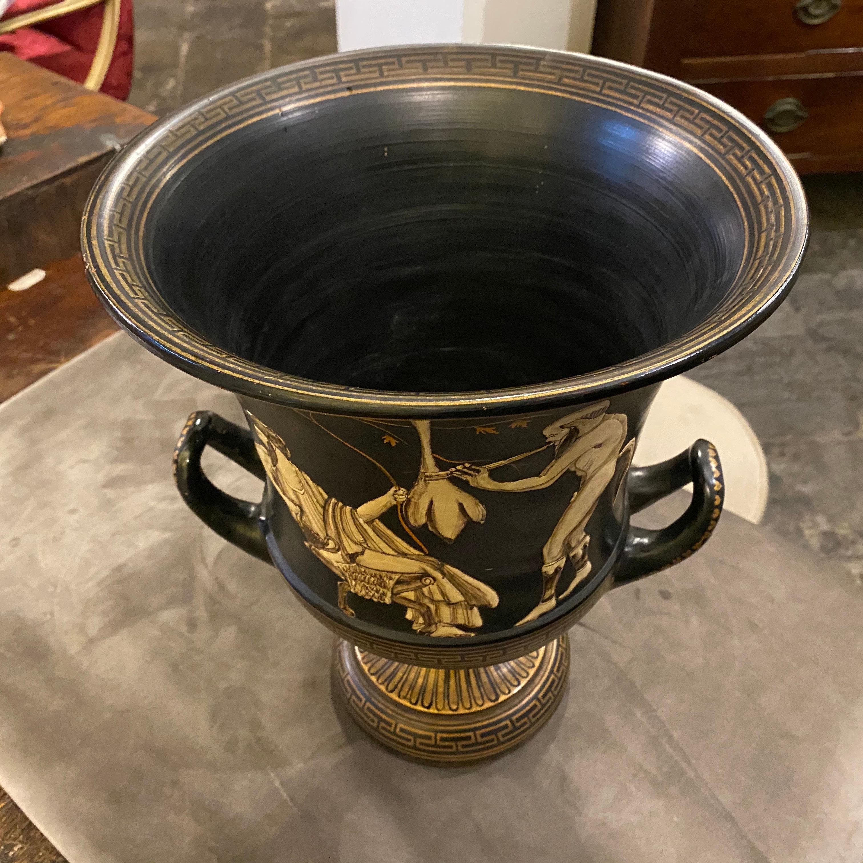Hand-Painted 1950s Vintage Handcrafted Black and Gold Terracotta Greek Crater Vase