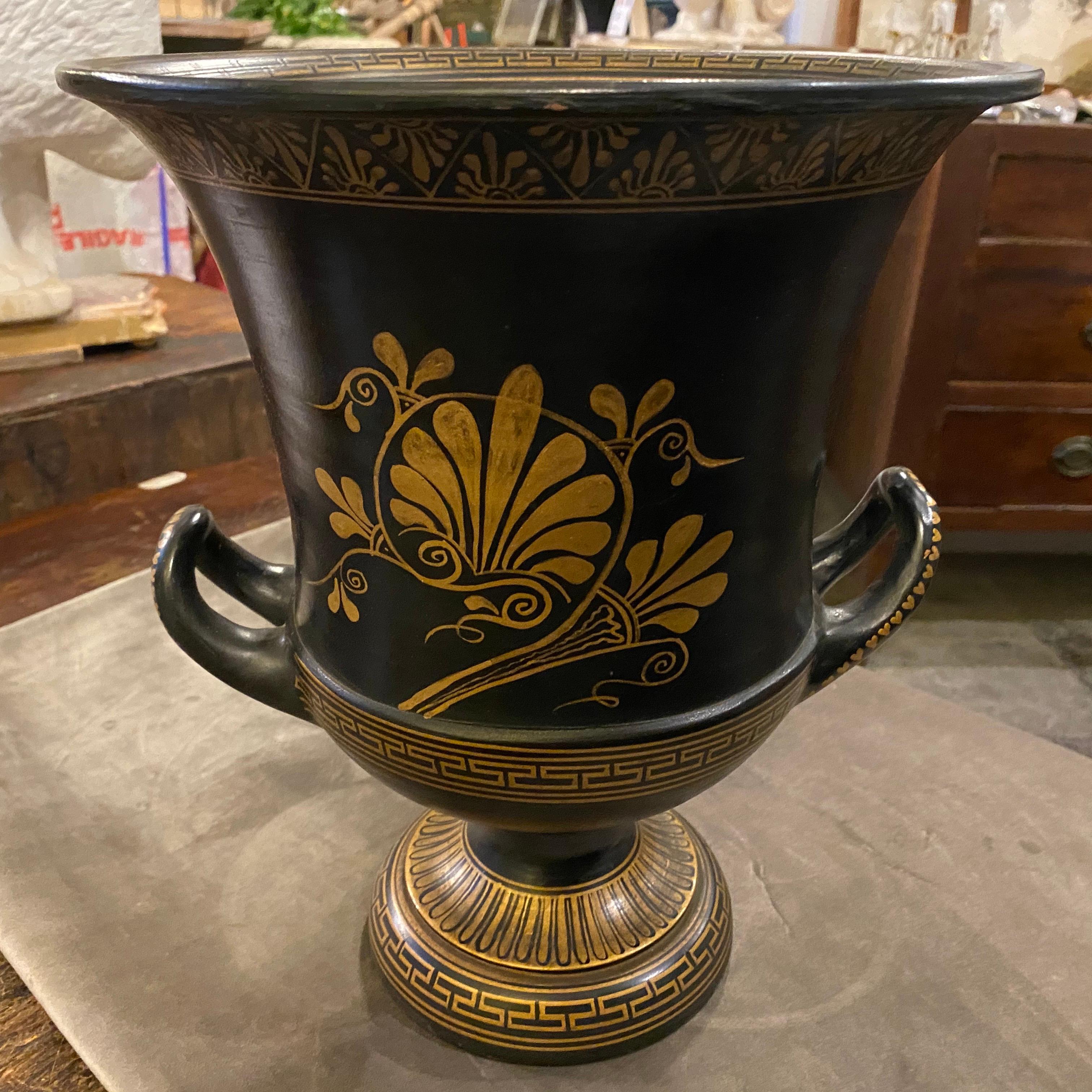 1950s Vintage Handcrafted Black and Gold Terracotta Greek Crater Vase 2