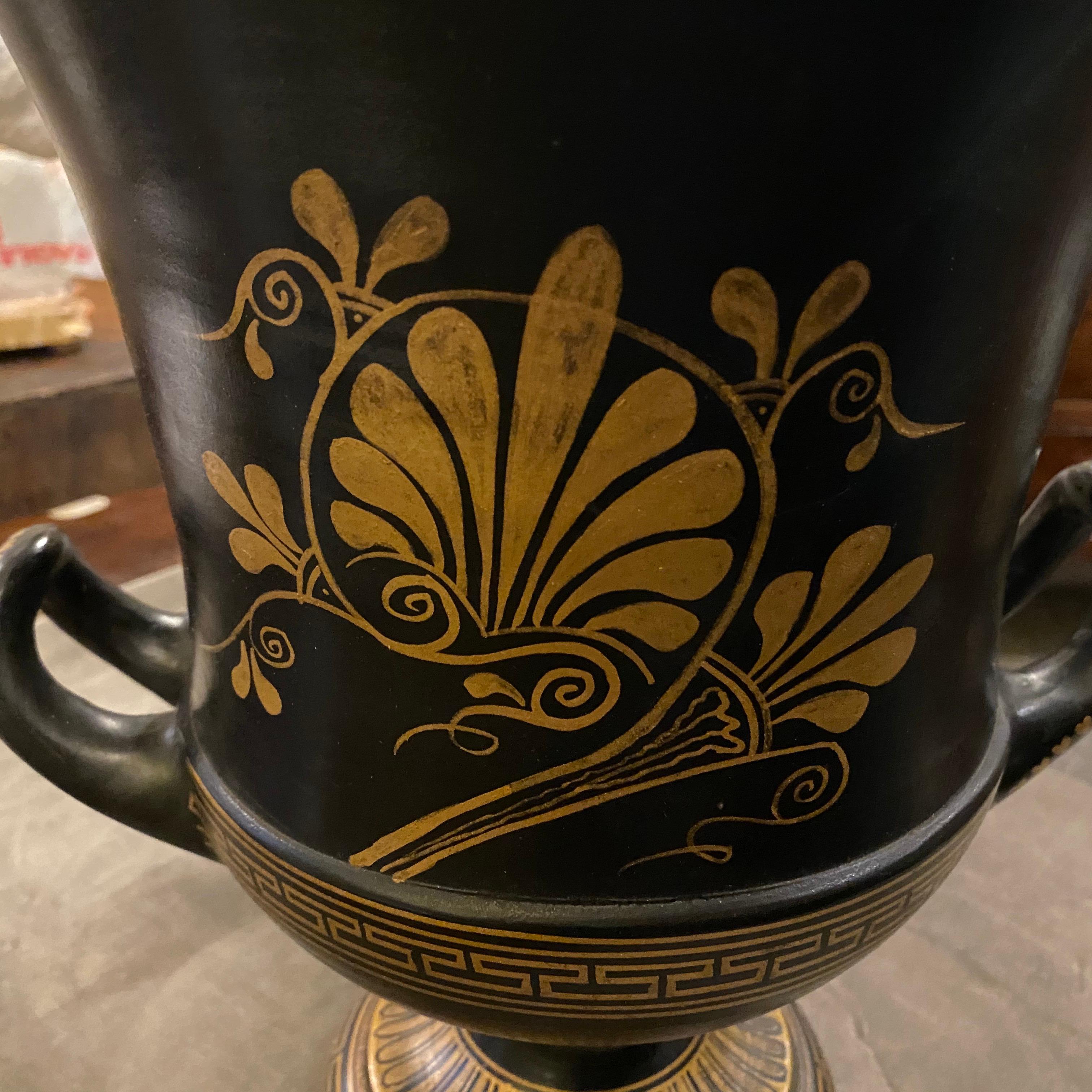 1950s Vintage Handcrafted Black and Gold Terracotta Greek Crater Vase 3