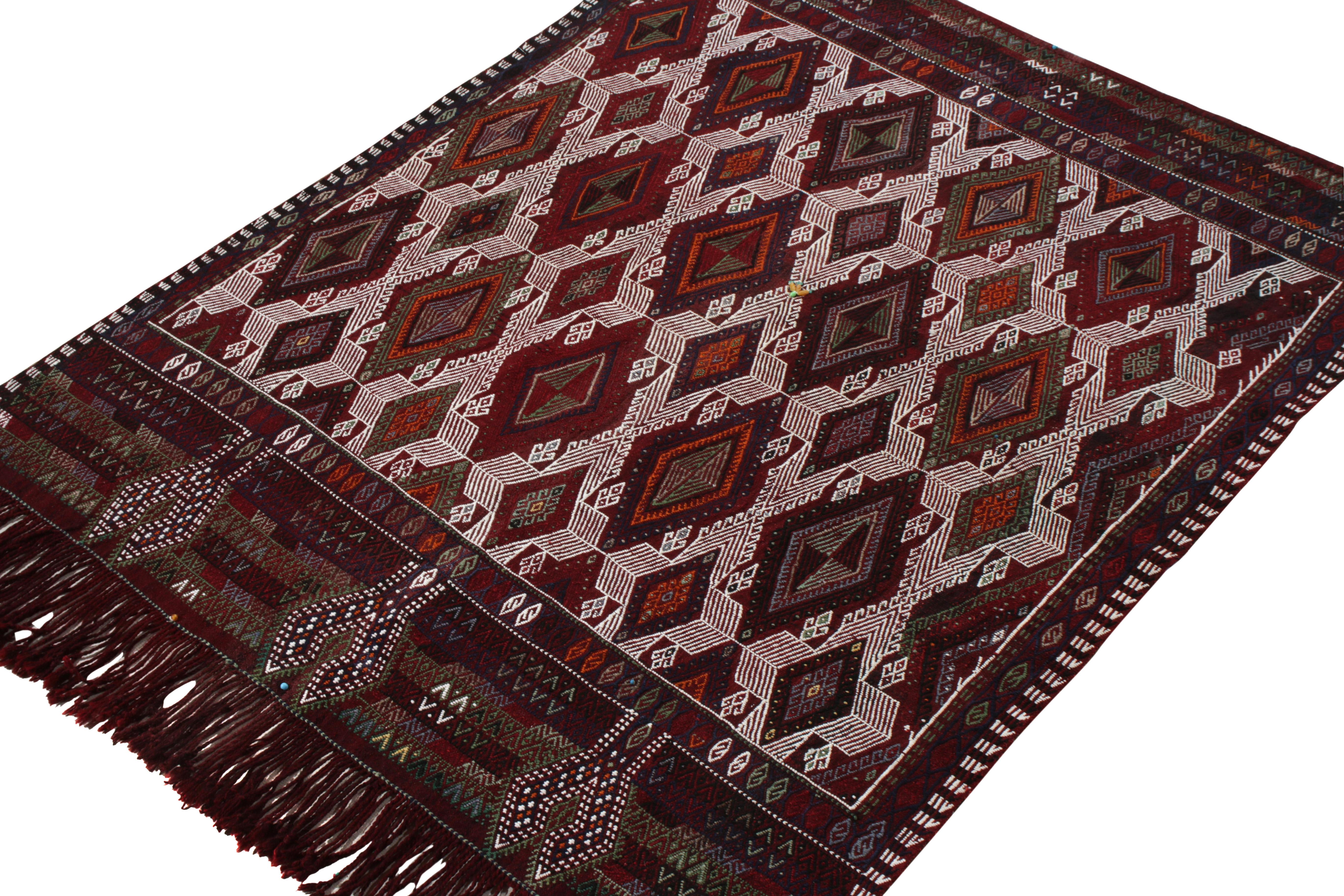 Tribal 1950s Vintage Handwoven Kilim Rug in Red Embroidered Diamonds by Rug & Kilim  For Sale