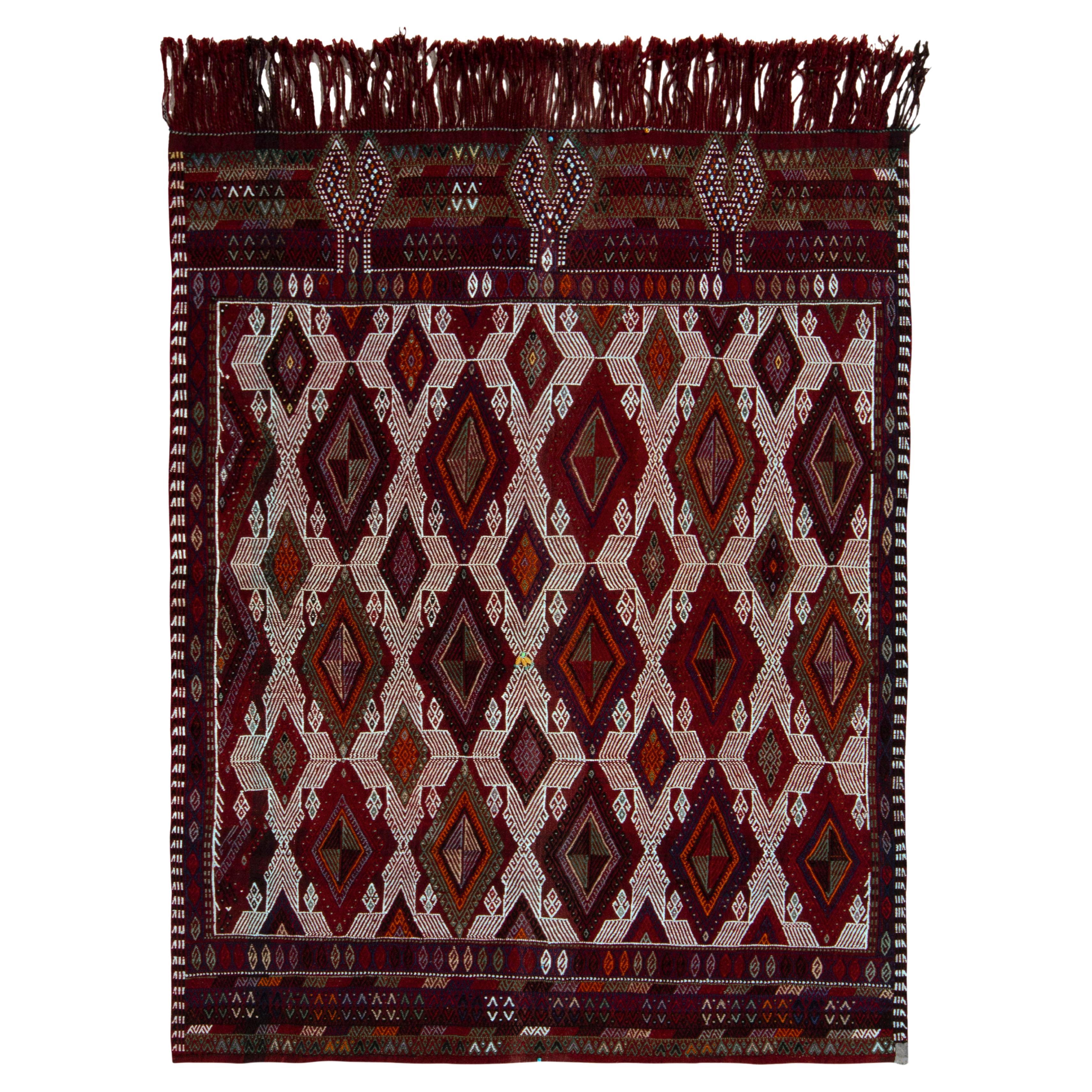 1950s Vintage Handwoven Kilim Rug in Red Embroidered Diamonds by Rug & Kilim 