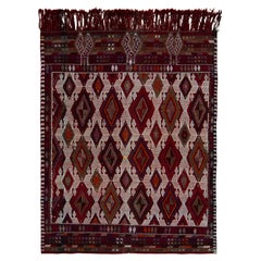 1950s Vintage Handwoven Kilim Rug in Red, White, Multicolor Embroidered Diamonds