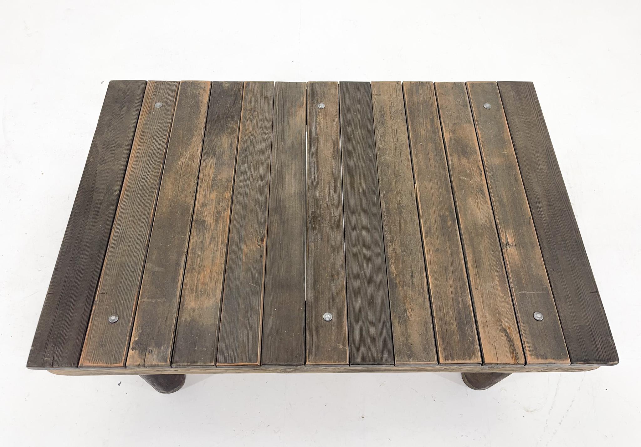 Czech 1950s Vintage Industrial Wood & Iron Coffee Table For Sale