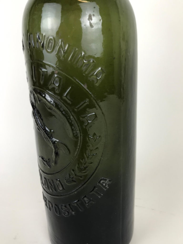 Mid-20th Century 1950s Vintage Italian Birra Italia Beer Green Glass Bottle with Ceramic Stopper For Sale