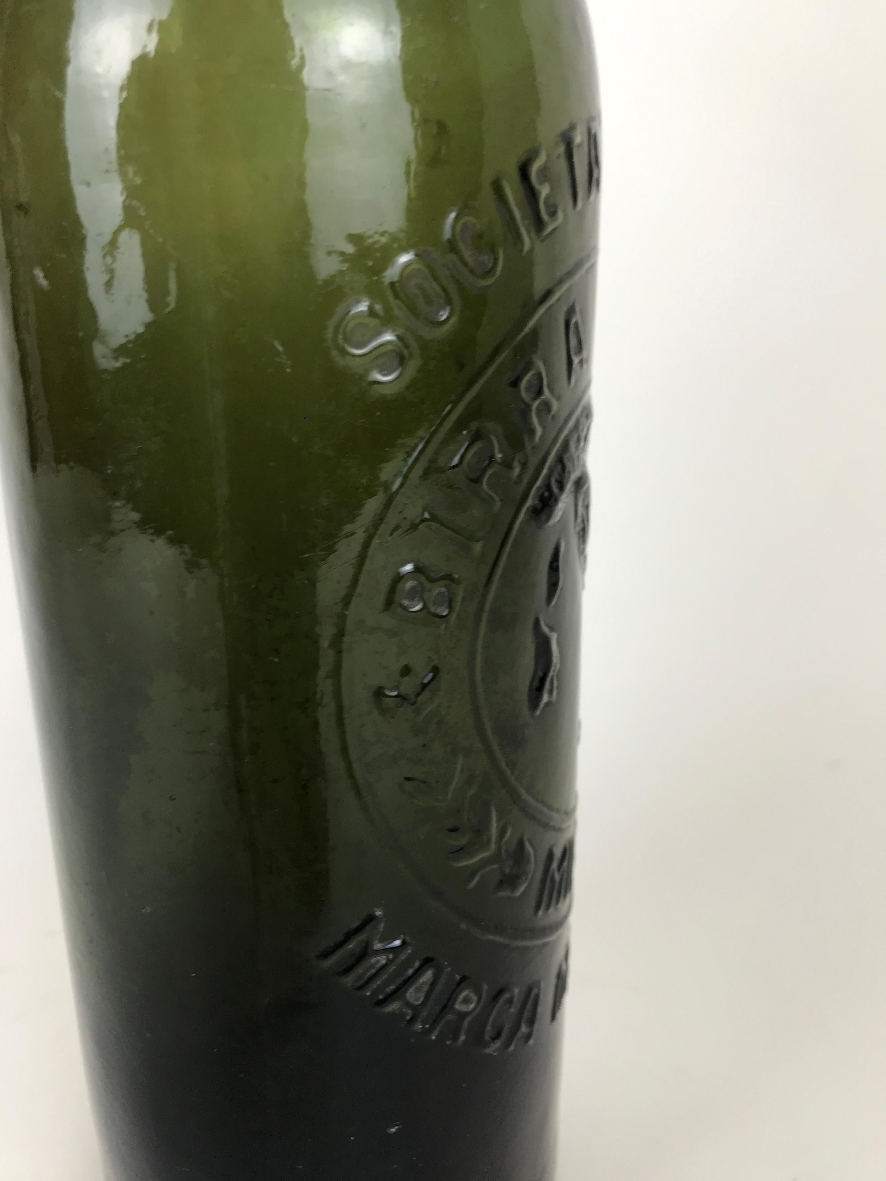 Mid-Century Modern 1950s Vintage Italian Birra Italia Beer Green Glass Bottle with Ceramic Stopper For Sale