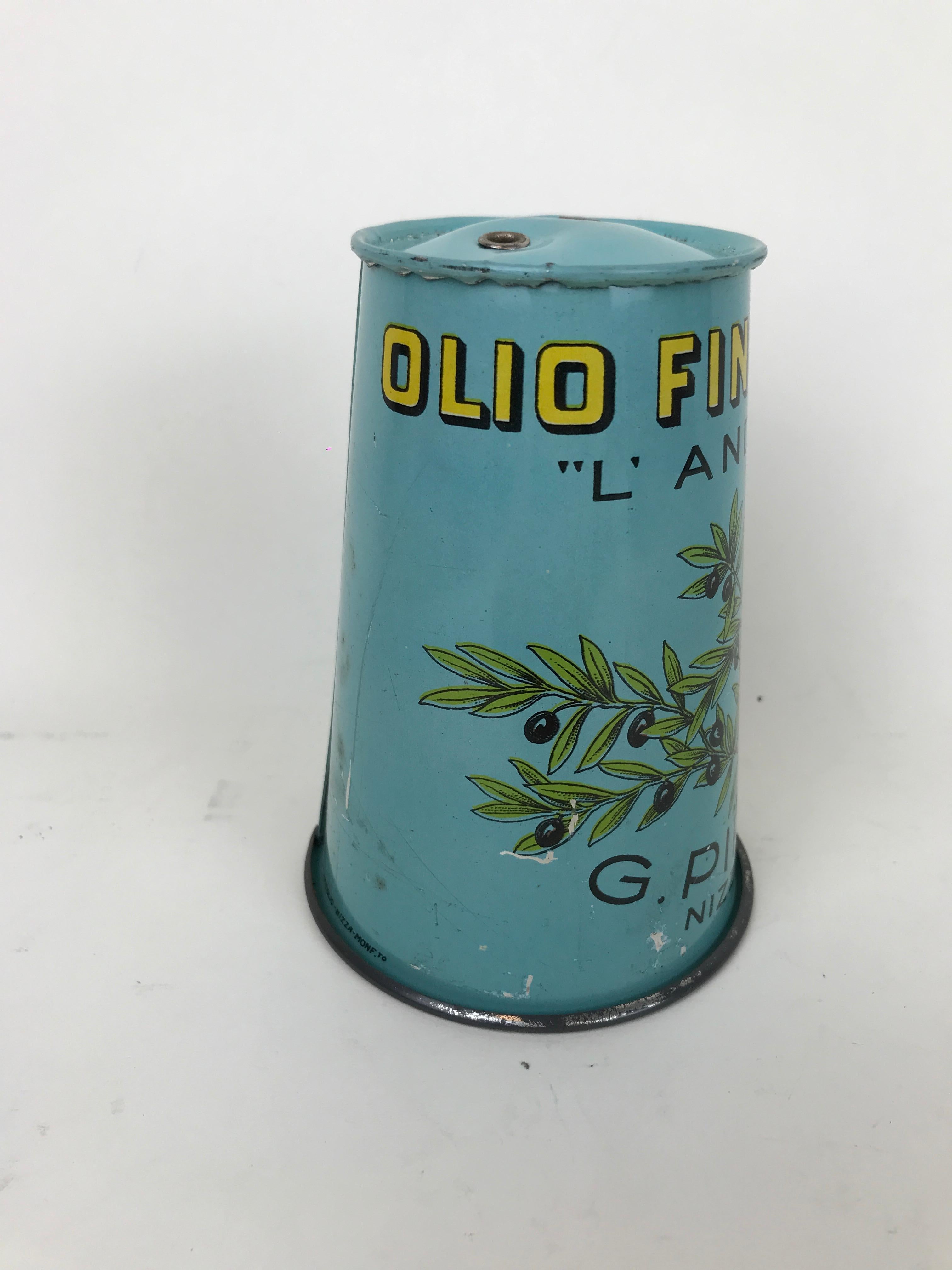 Mid-Century Modern 1950s Vintage Italian Carboy Screen-Printed Tin Cap Fine Olive Oil Piretti For Sale