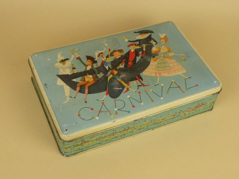Mid-Century Modern 1950s Vintage Italian Carnival Edition Screen Printed Pavesi Biscuits Tin Box For Sale