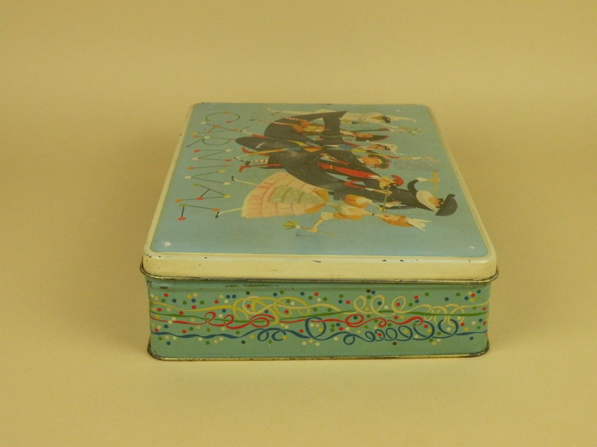 Mid-20th Century 1950s Vintage Italian Carnival Edition Screen Printed Pavesi Biscuits Tin Box For Sale