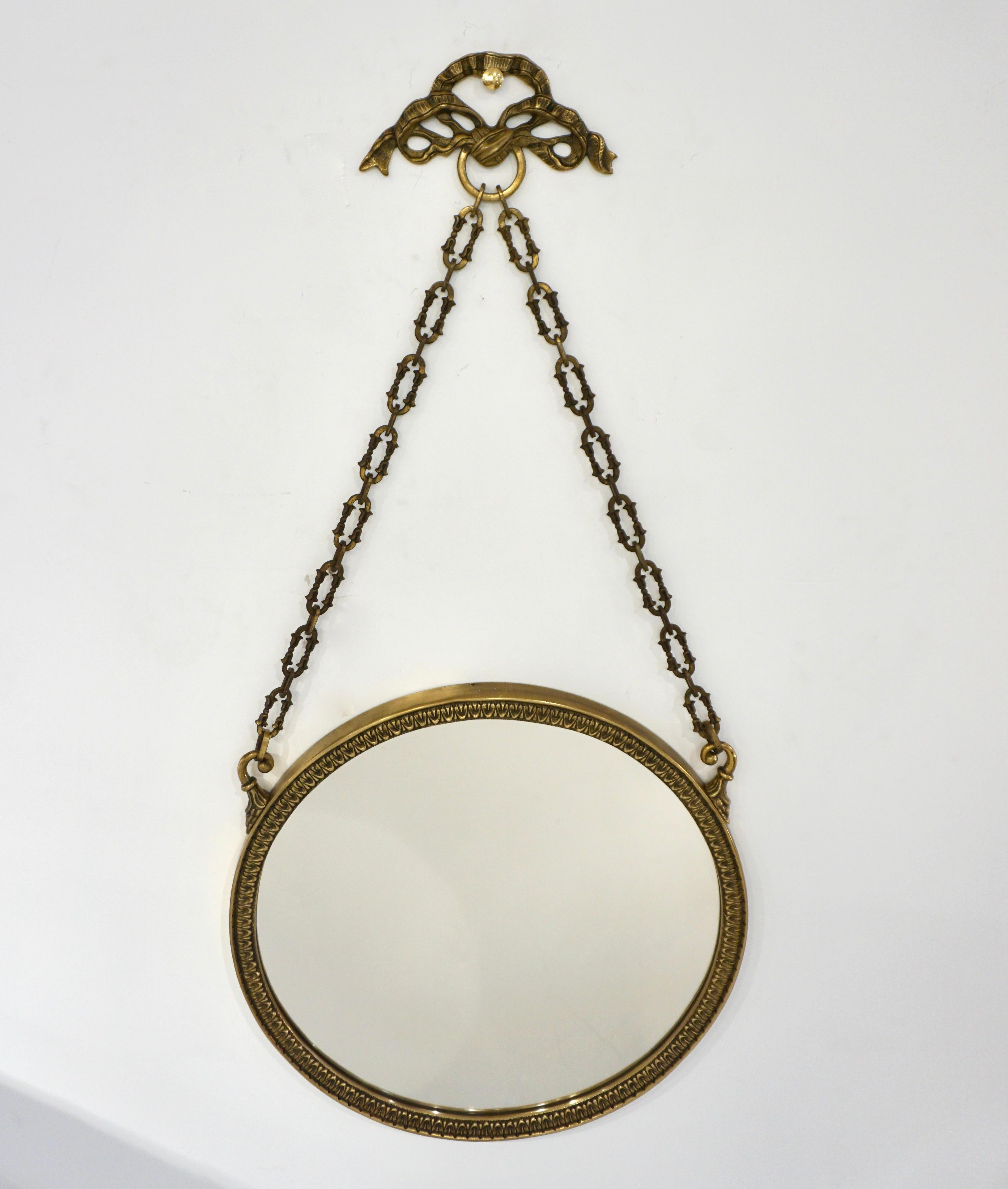 1950s Vintage Italian Chain Hanging & Chased Bronze Round Mirror with Knot 1