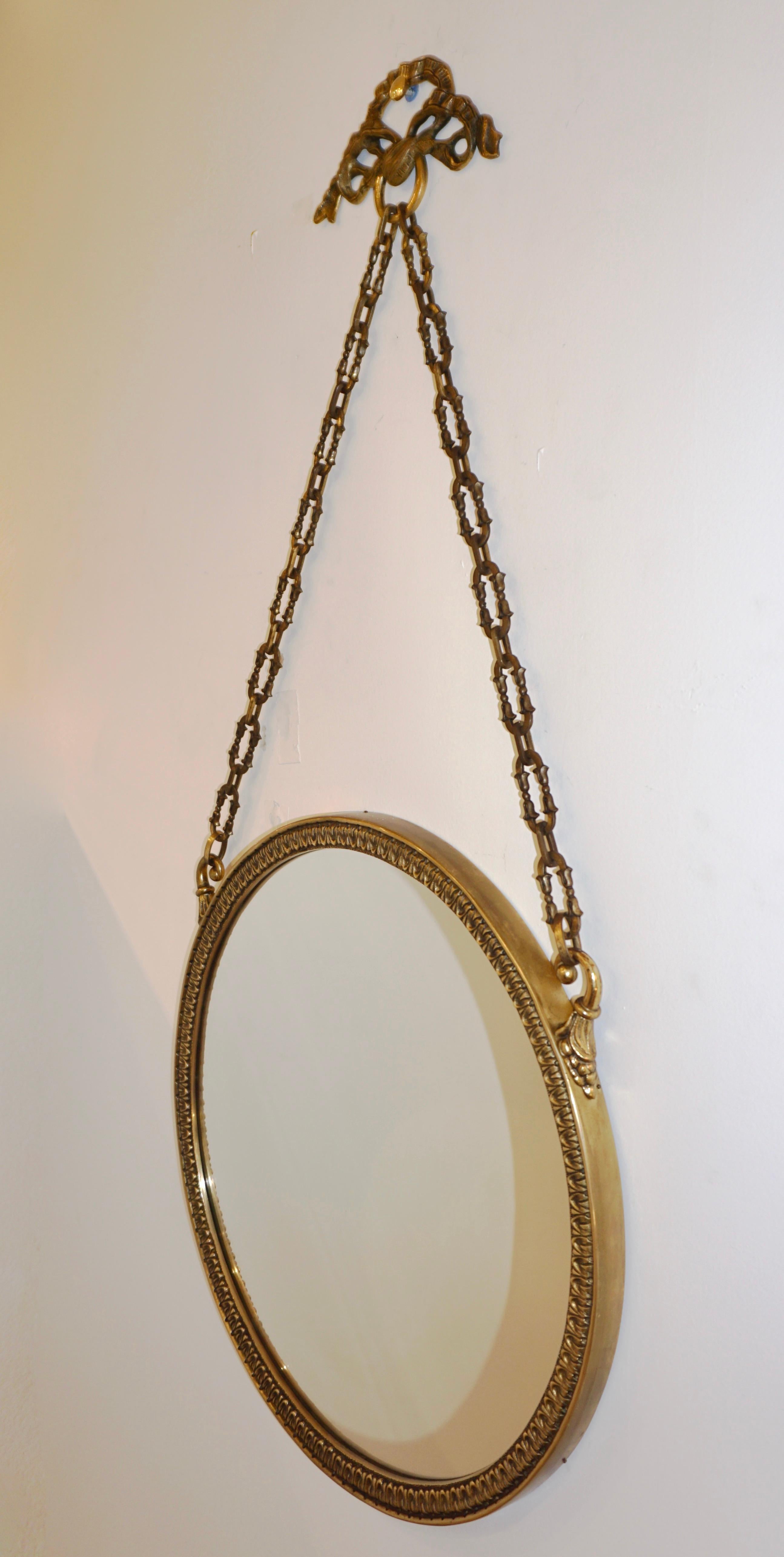 1950s Vintage Italian Chain Hanging & Chased Bronze Round Mirror with Knot 2