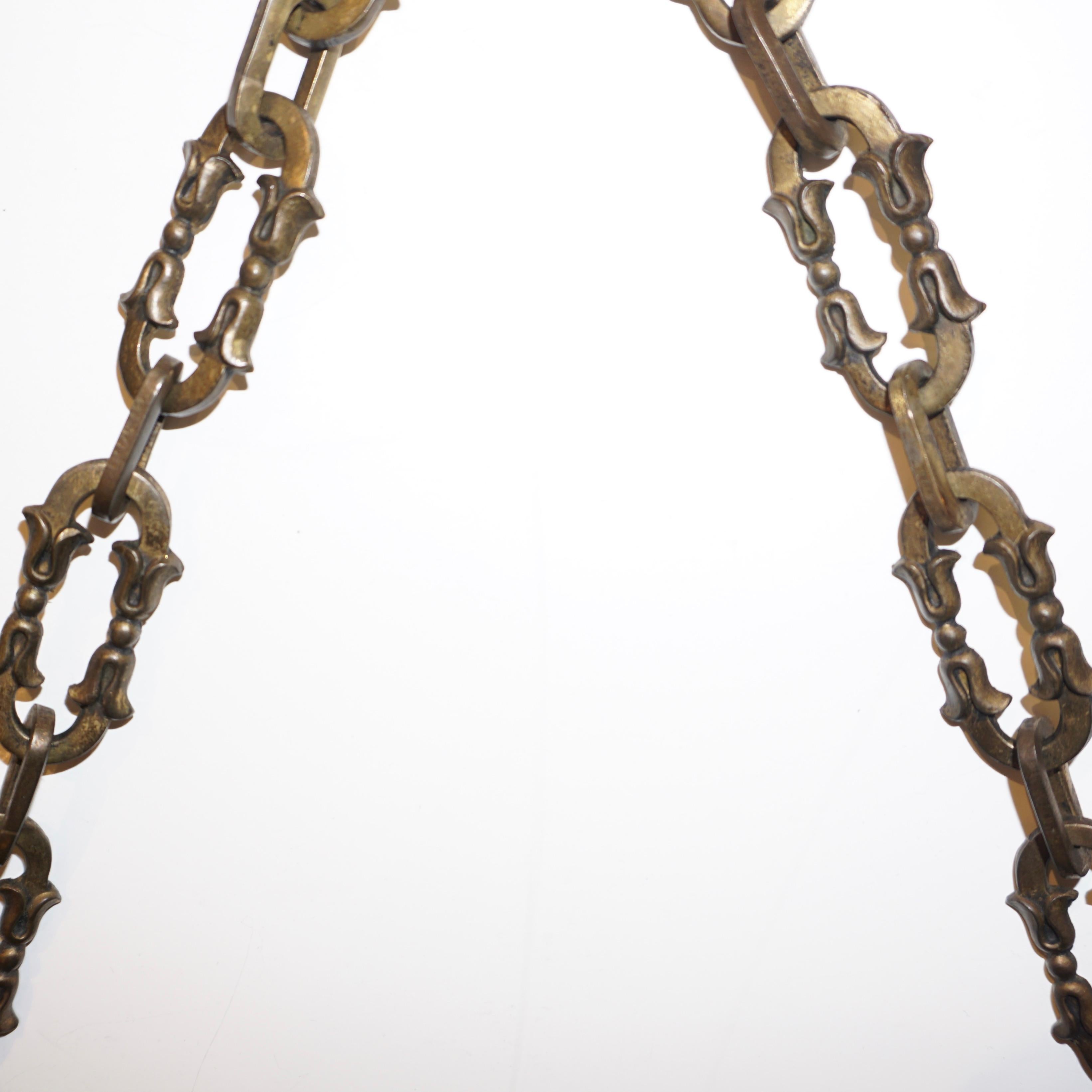Hand-Crafted 1950s Vintage Italian Chain Hanging & Chased Bronze Round Mirror with Knot