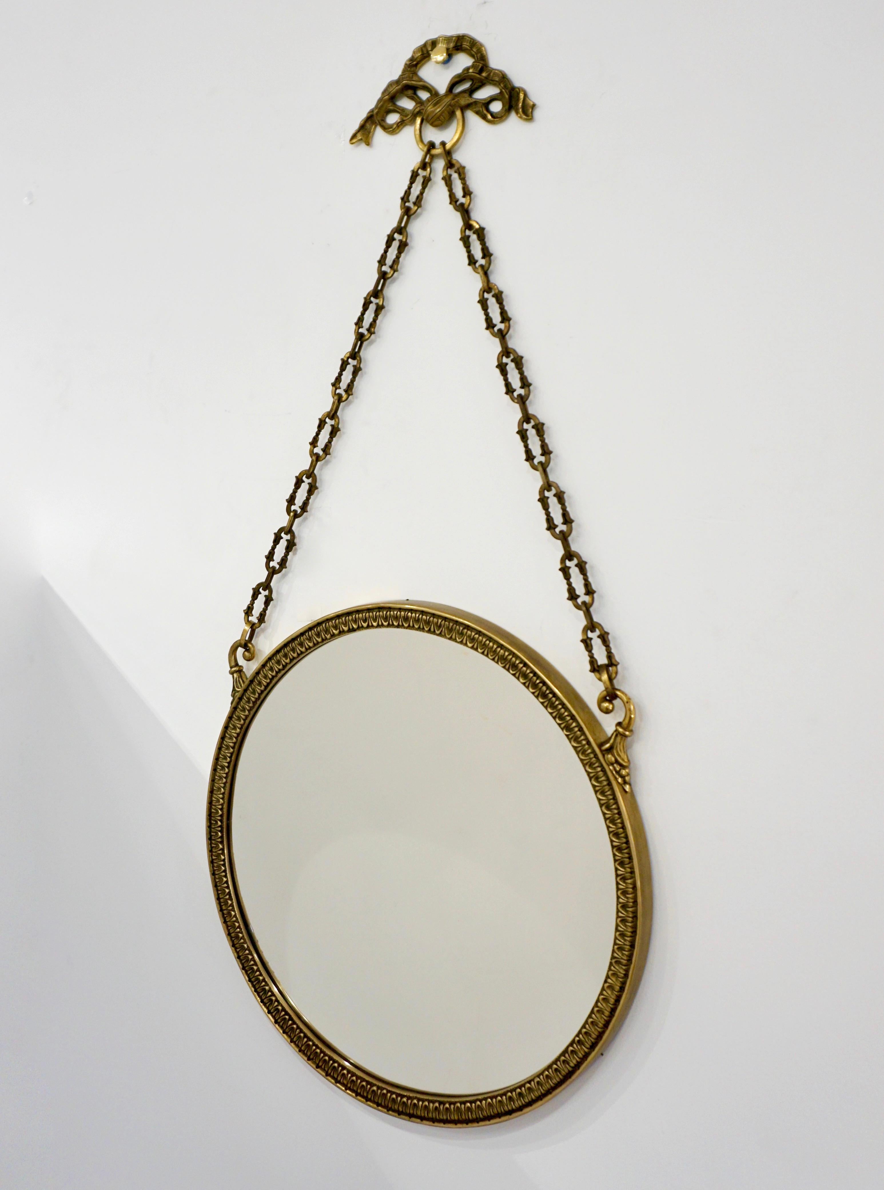 20th Century 1950s Vintage Italian Chain Hanging & Chased Bronze Round Mirror with Knot