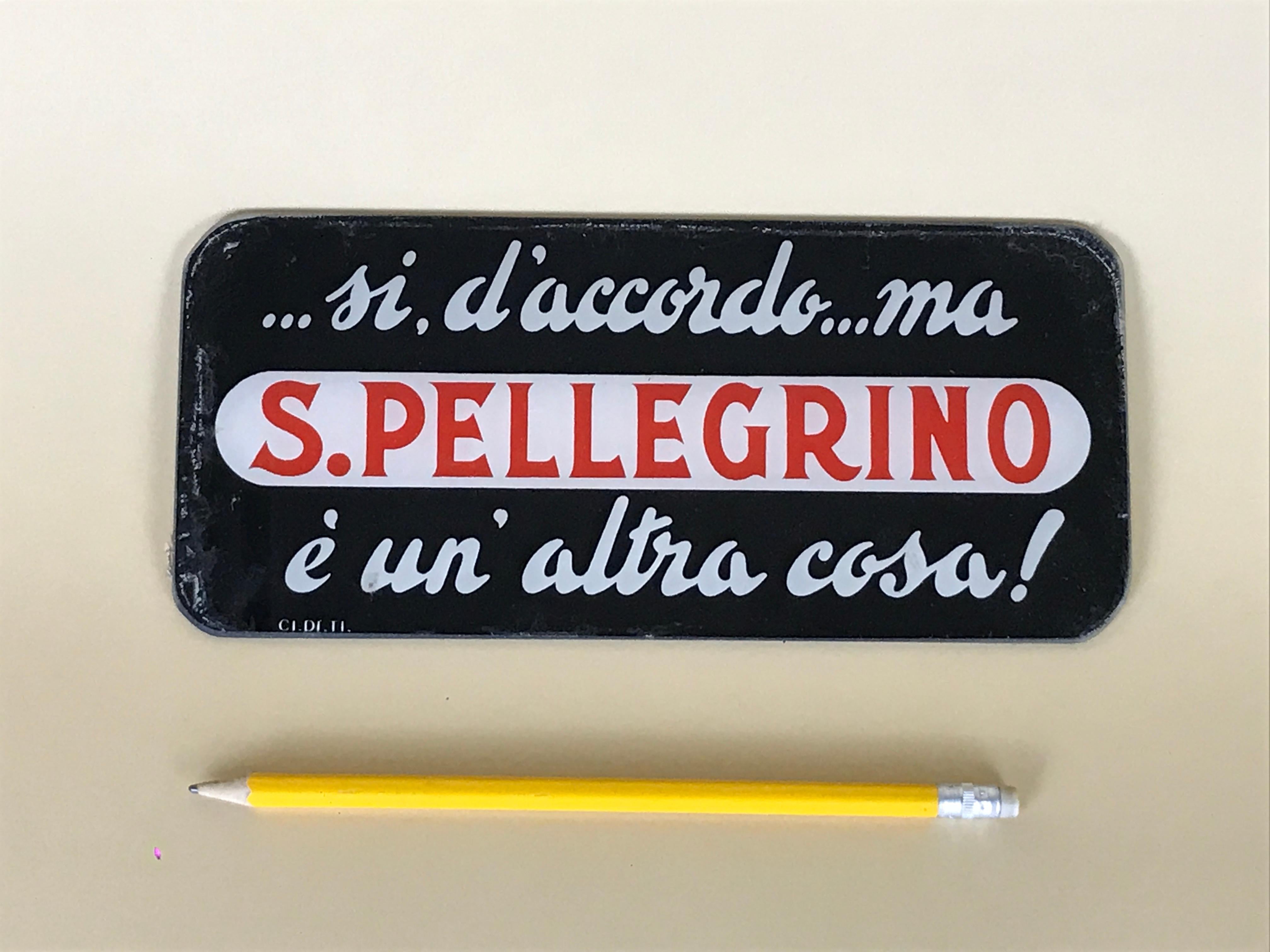 Vintage Italian advertising Chinotto San Pellegrino sign printed on glass and produced by Ci.Di.Ti Milano, Italy, in the 1950s. 

The sign in white and red on black background shows the slogan of Chinotto San Pellegrino: 