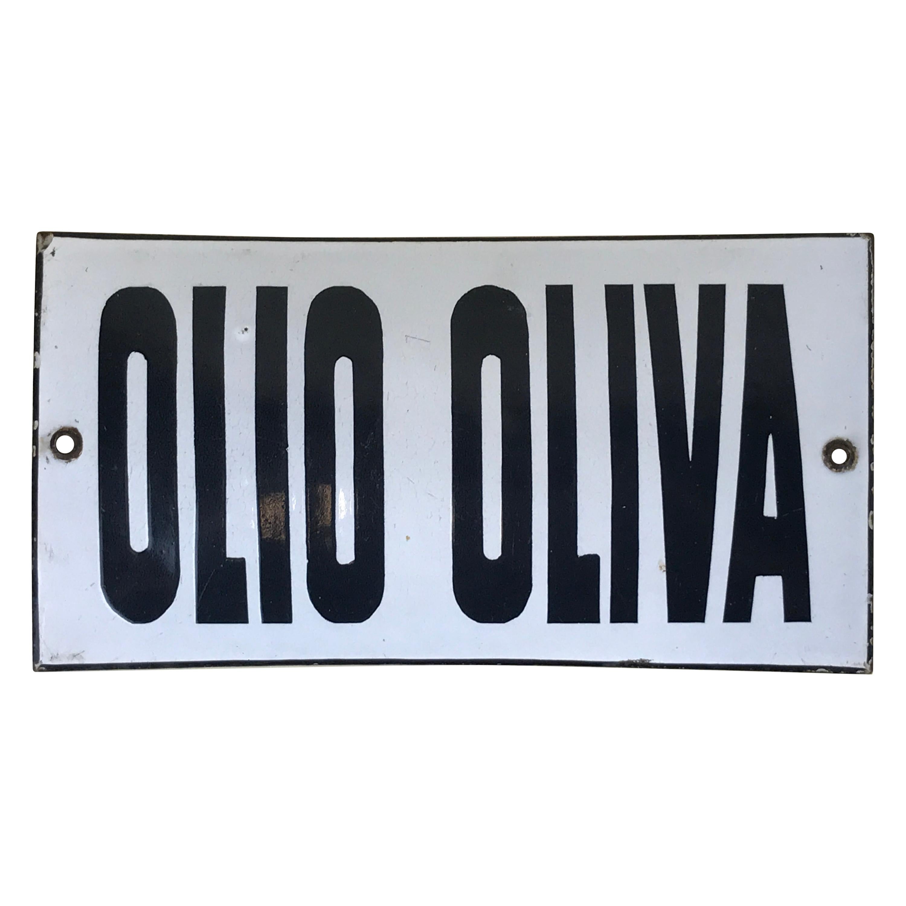 1950s Vintage Italian Enamel Metal Curved Sign "Olio Oliva", 'Olive Oil' For Sale