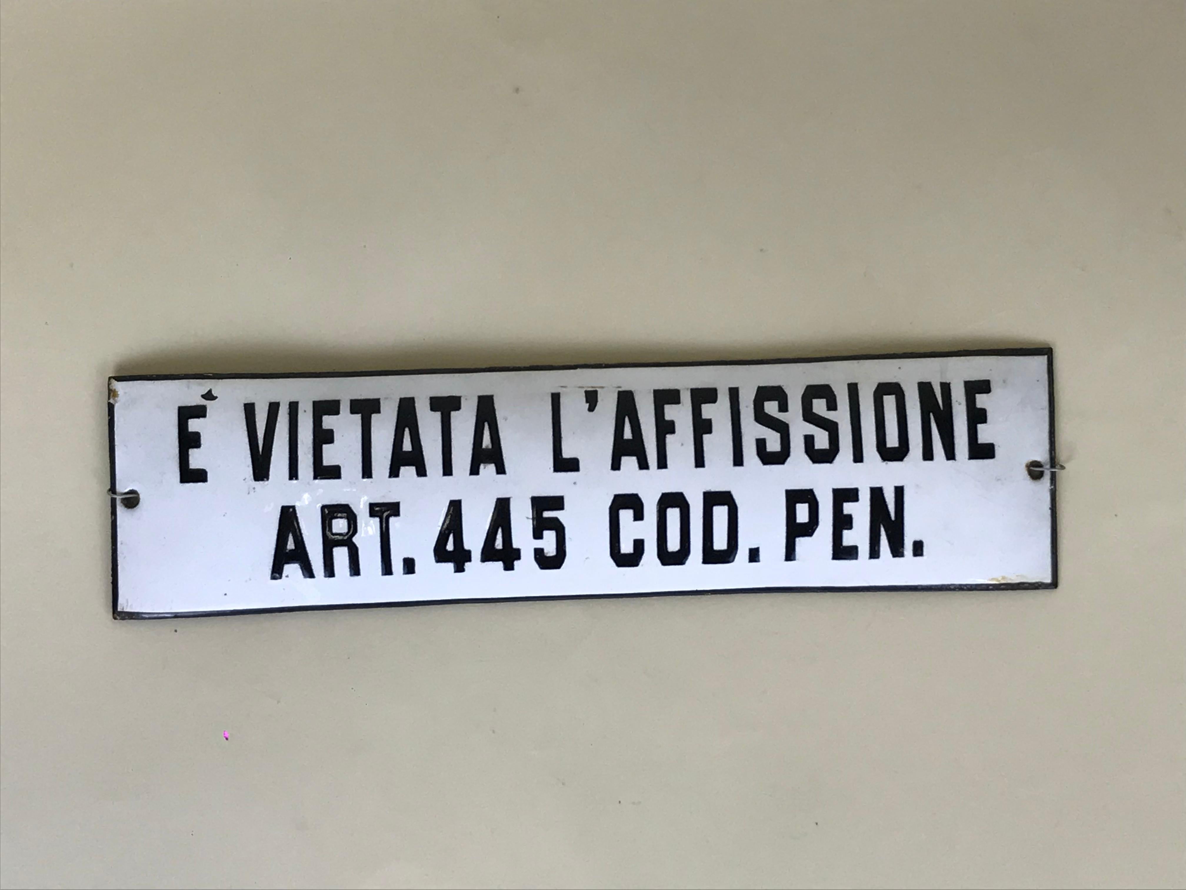 Industrial 1950s Vintage Italian Enamel Metal Sign È Vietata l'Affissione For Sale