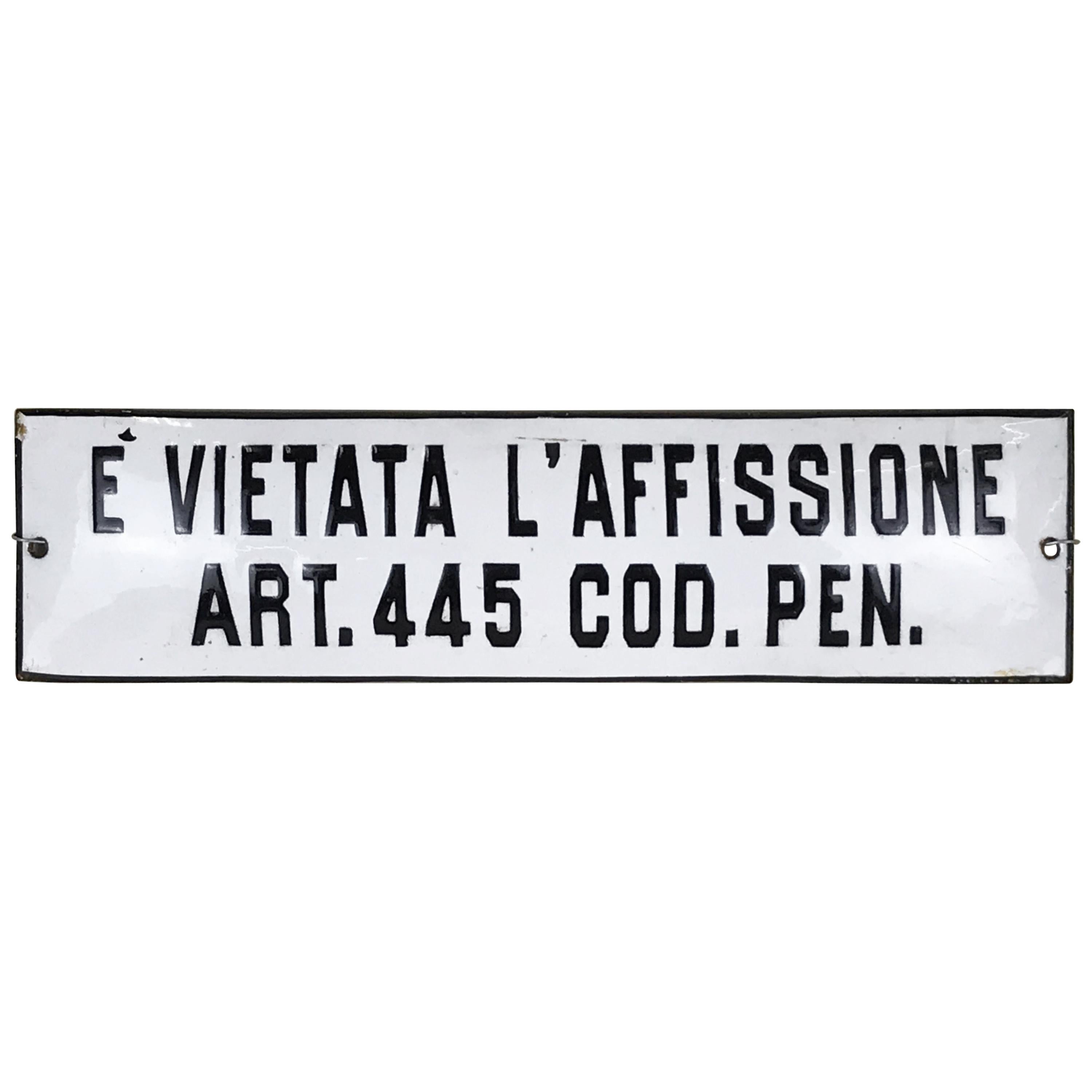 1950s Vintage Italian Enamel Metal Sign È Vietata l'Affissione For Sale