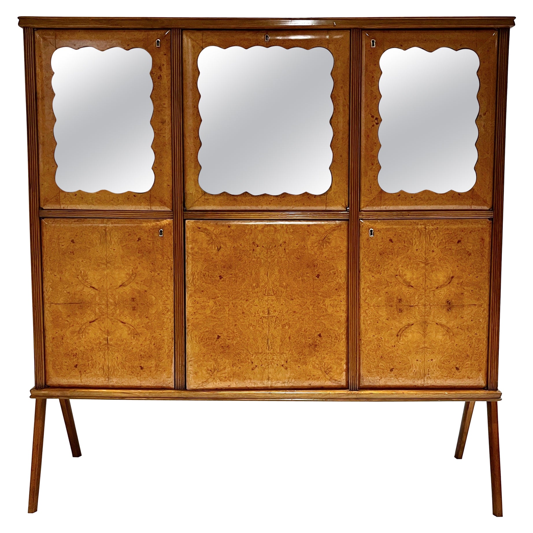 1950s Vintage Italian Maple Burl Wood Cabinet Bar with Cream Leather Panels