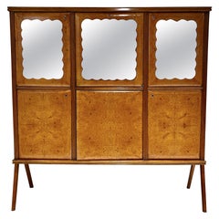 1950s Vintage Italian Italian Maple Burl Wood Cabinet Bar with Cream Leather Panels