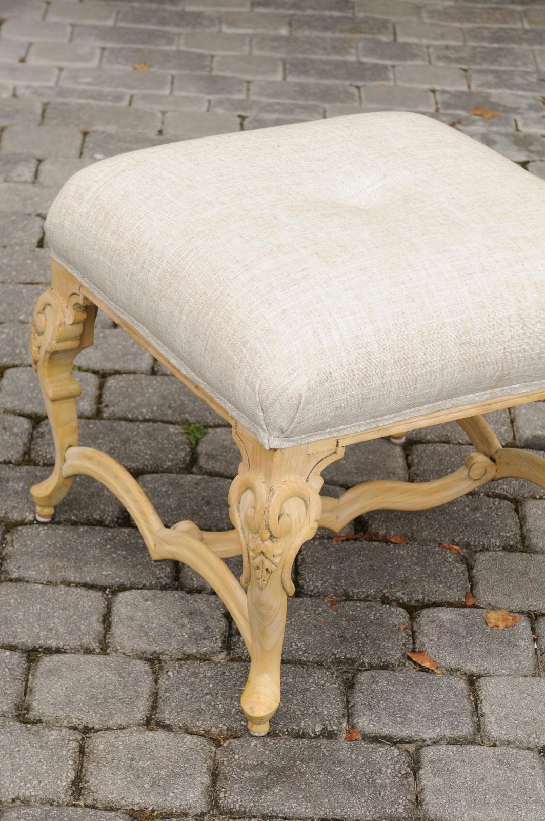 20th Century 1950s Vintage Italian Rococo Style Ottoman with Cabriole Legs and New Upholstery