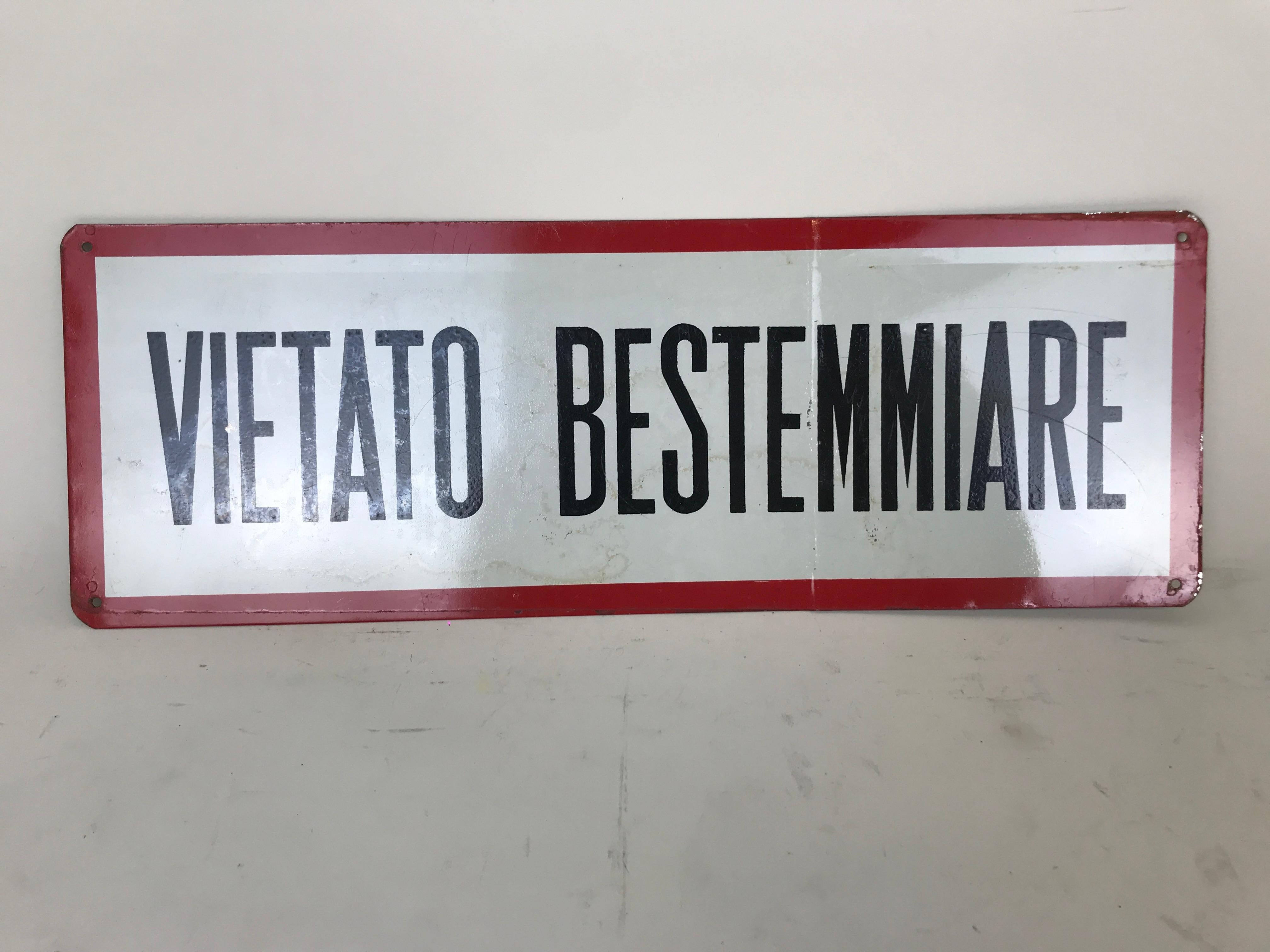 Industrial 1950s Vintage Italian Screen-Printed Aluminium Sign Forbidden to Swear For Sale
