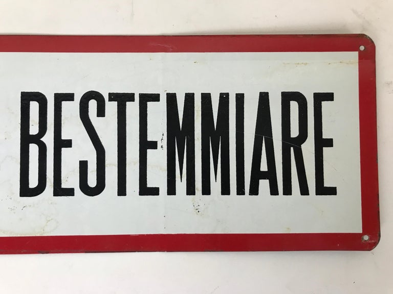 Mid-20th Century 1950s Vintage Italian Screen-Printed Aluminium Sign Forbidden to Swear For Sale