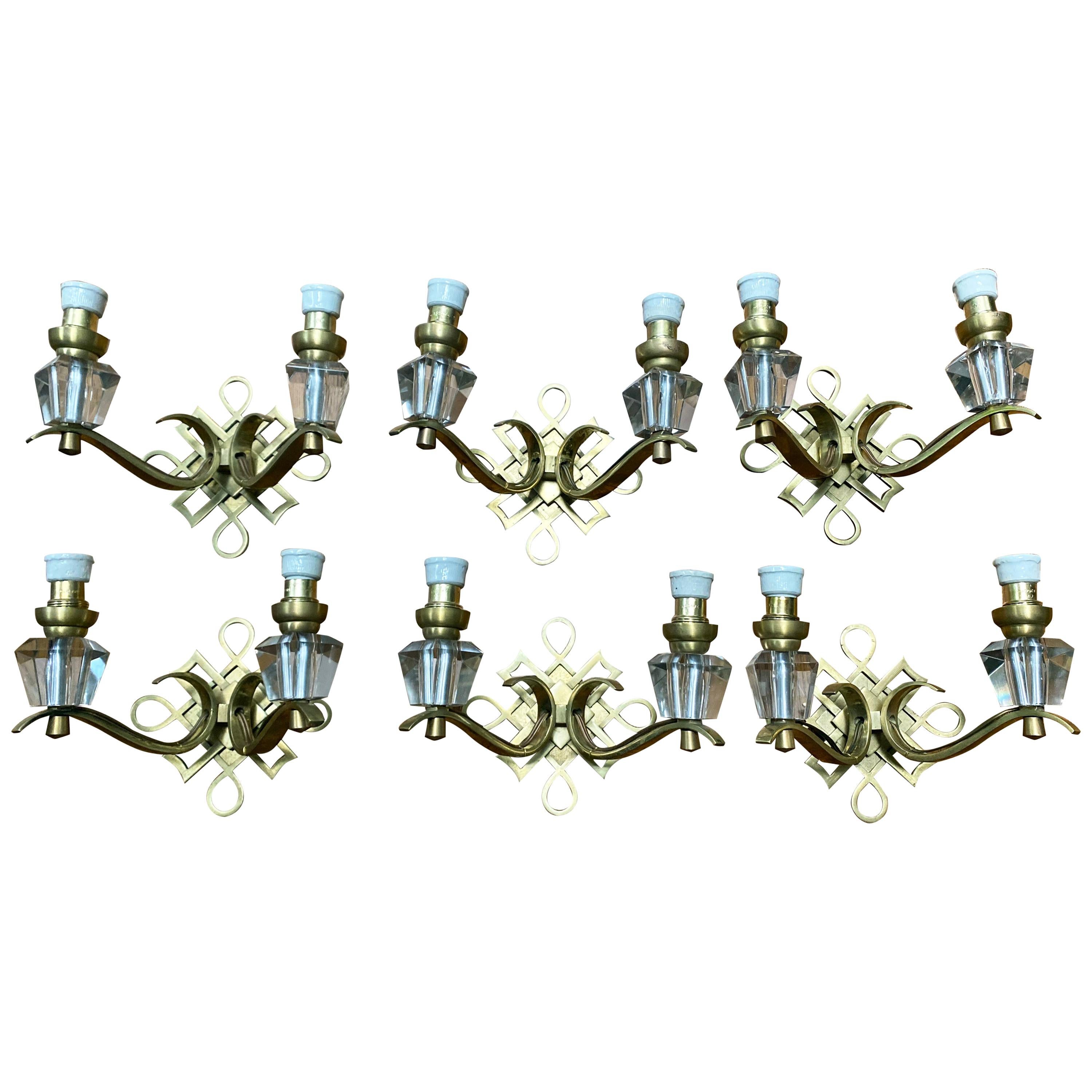 1950s Vintage Jules Leleu French Art Deco Brass Wall Sconces, Sold as Set of Six For Sale