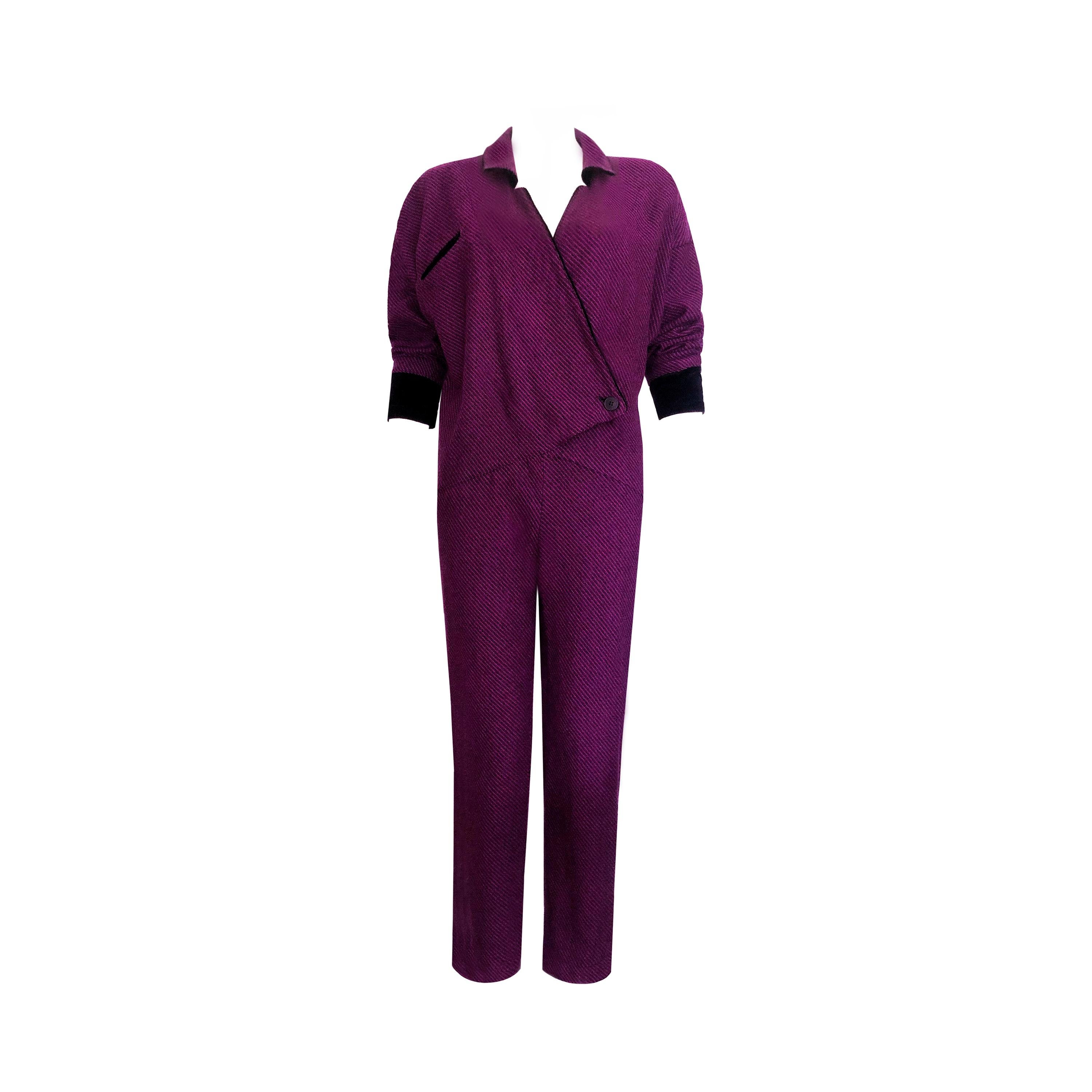 1950s Vintage Jumpsuit - Purple & Black Striped Wool + Black Velvet Details In Good Condition For Sale In KENT, GB