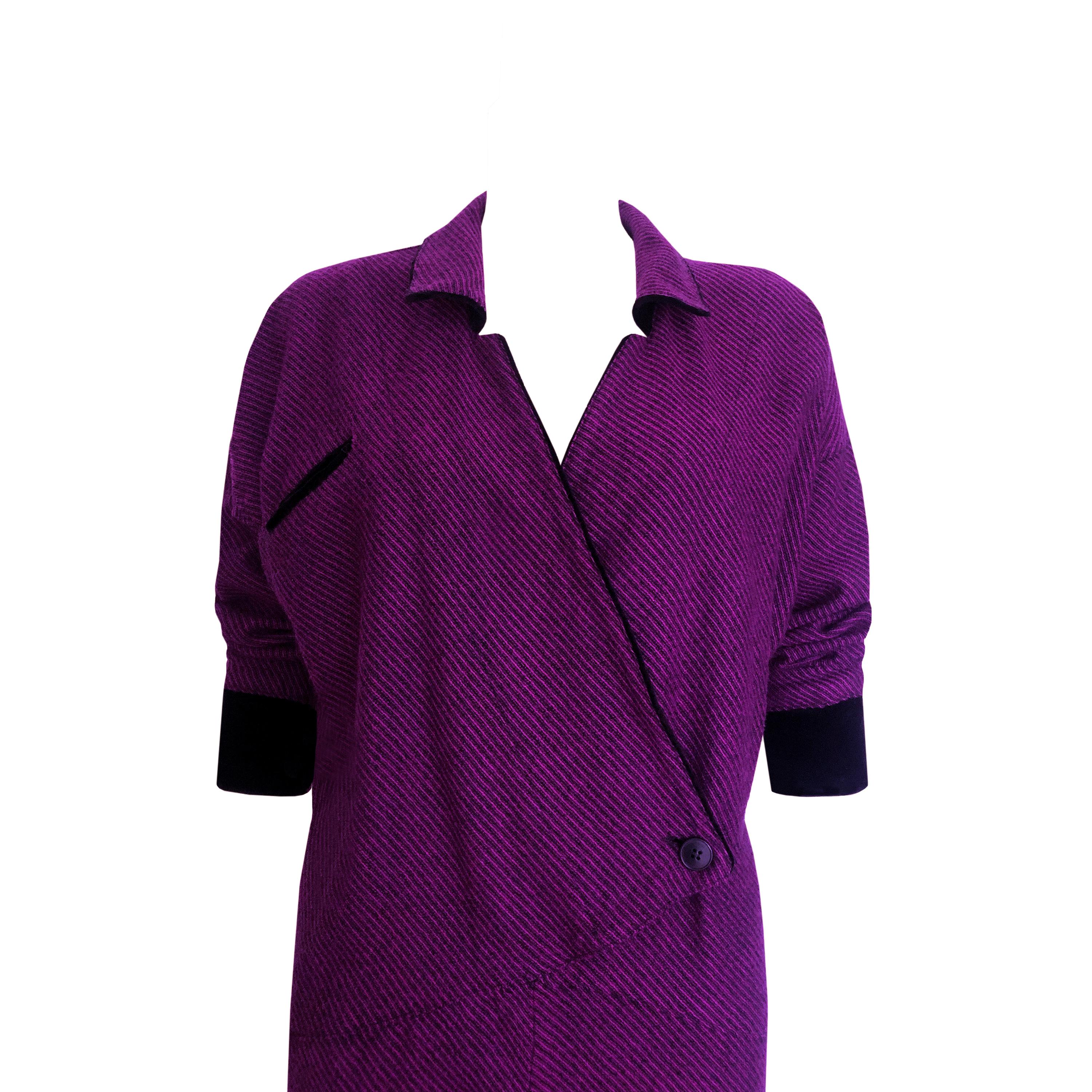 Women's 1950s Vintage Jumpsuit - Purple & Black Striped Wool + Black Velvet Details For Sale