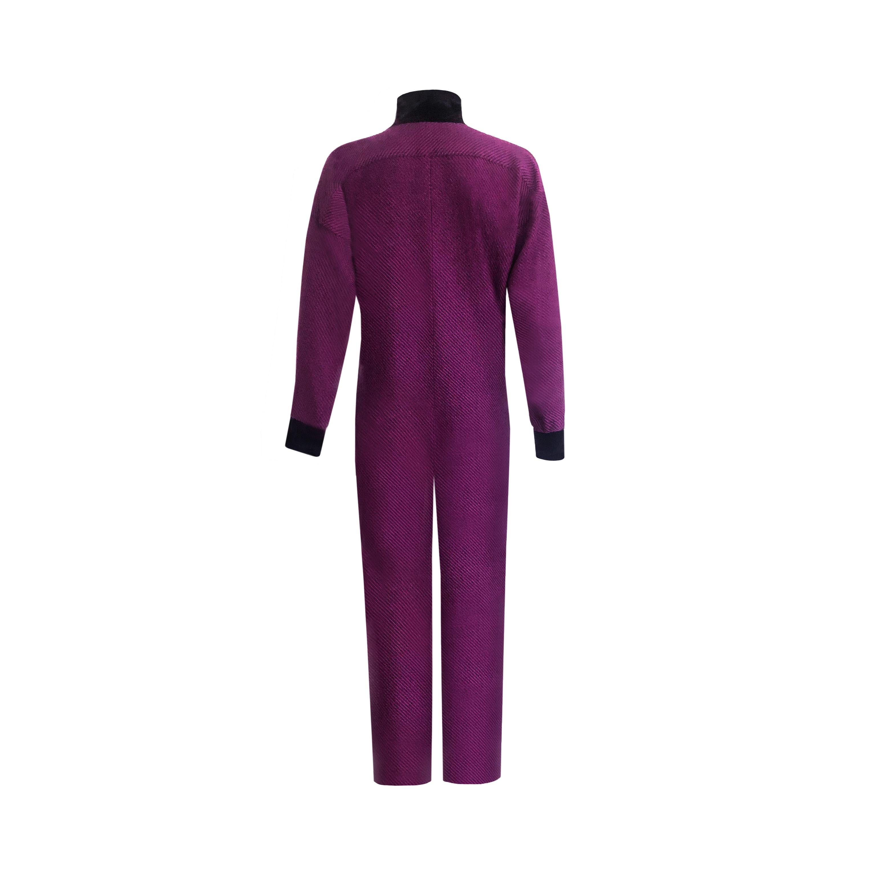 1950s Vintage Jumpsuit - Purple & Black Striped Wool + Black Velvet Details For Sale 1