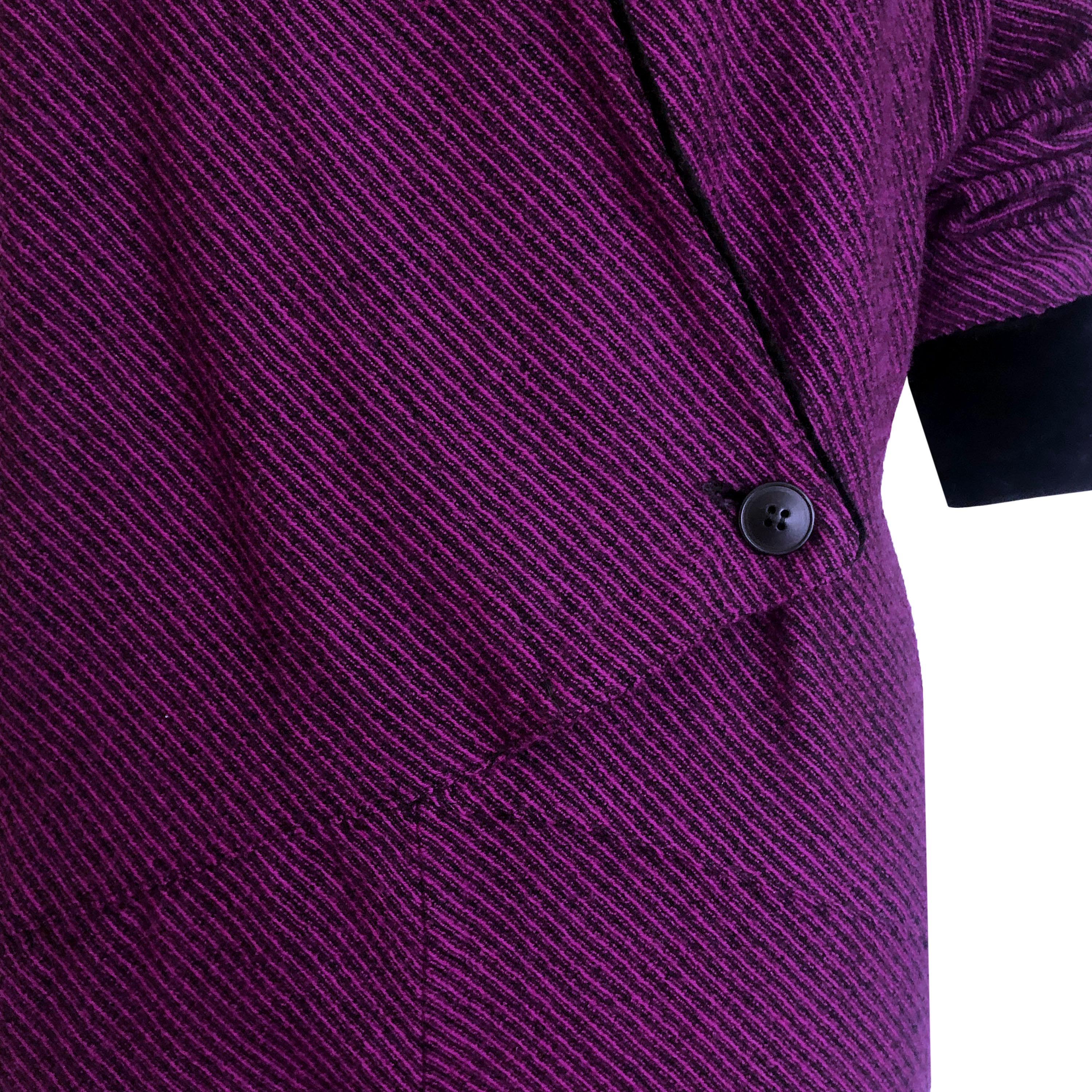 Product Details: 1950s Vintage Jumpsuit - Purple & Black Striped Wool Main-body + Black Velvet Under-collar & Cuff Detail - Front Wrap + Button Detailing - 3/4 Length Trouser Length 
Era: 1950s
Label: Dany - Dany Bologna (Italy) 
Size: IT 44  (Fits