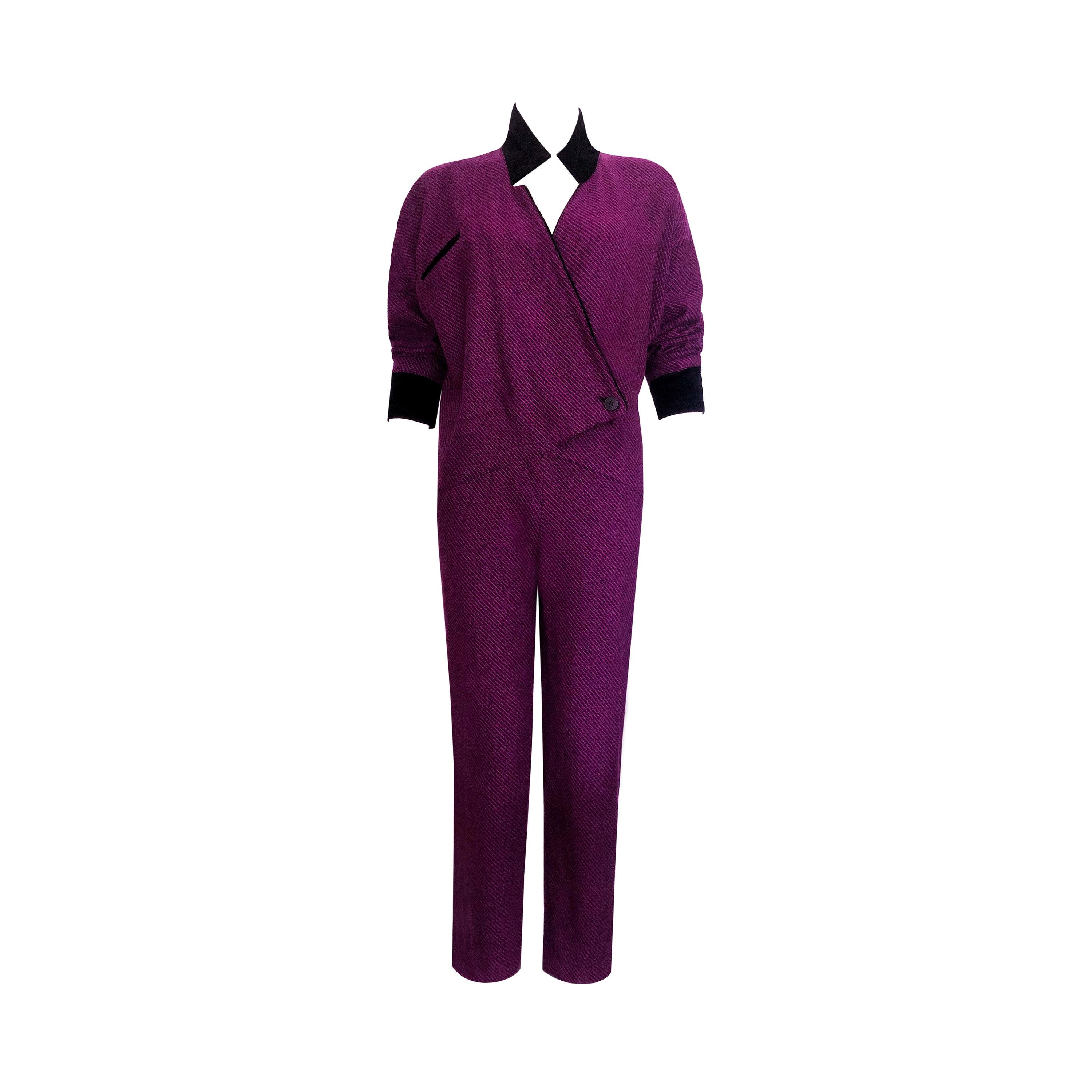 1950s Vintage Jumpsuit - Purple & Black Striped Wool + Black Velvet Details For Sale 3